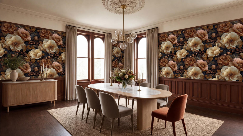 a luxurious dining room with a large wooden table surrounded by plush chairs, a chandelier overhead, and a floral wallpaper accent wall.