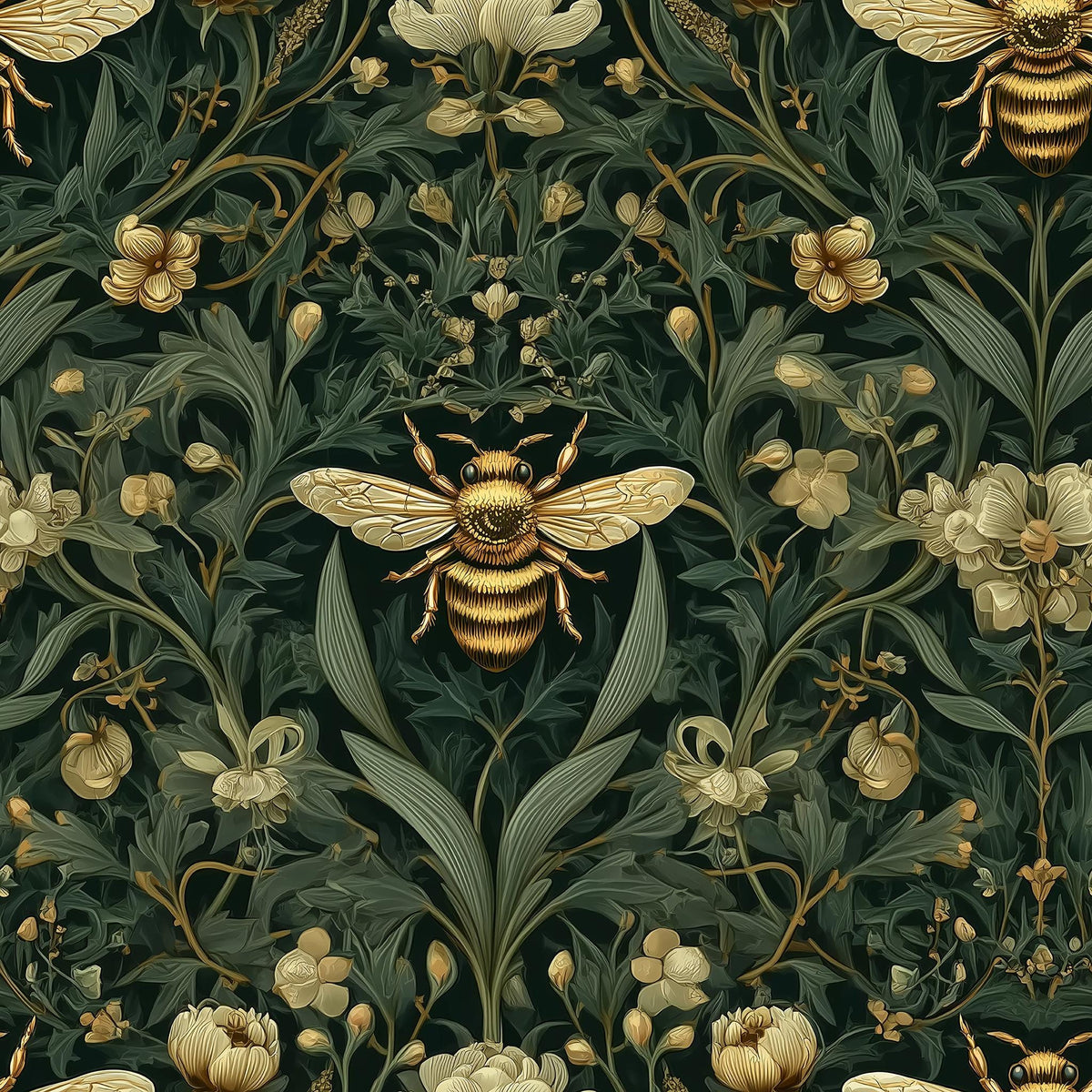 a repeating pattern of a golden bee surrounded by lush green foliage and delicate white flowers.