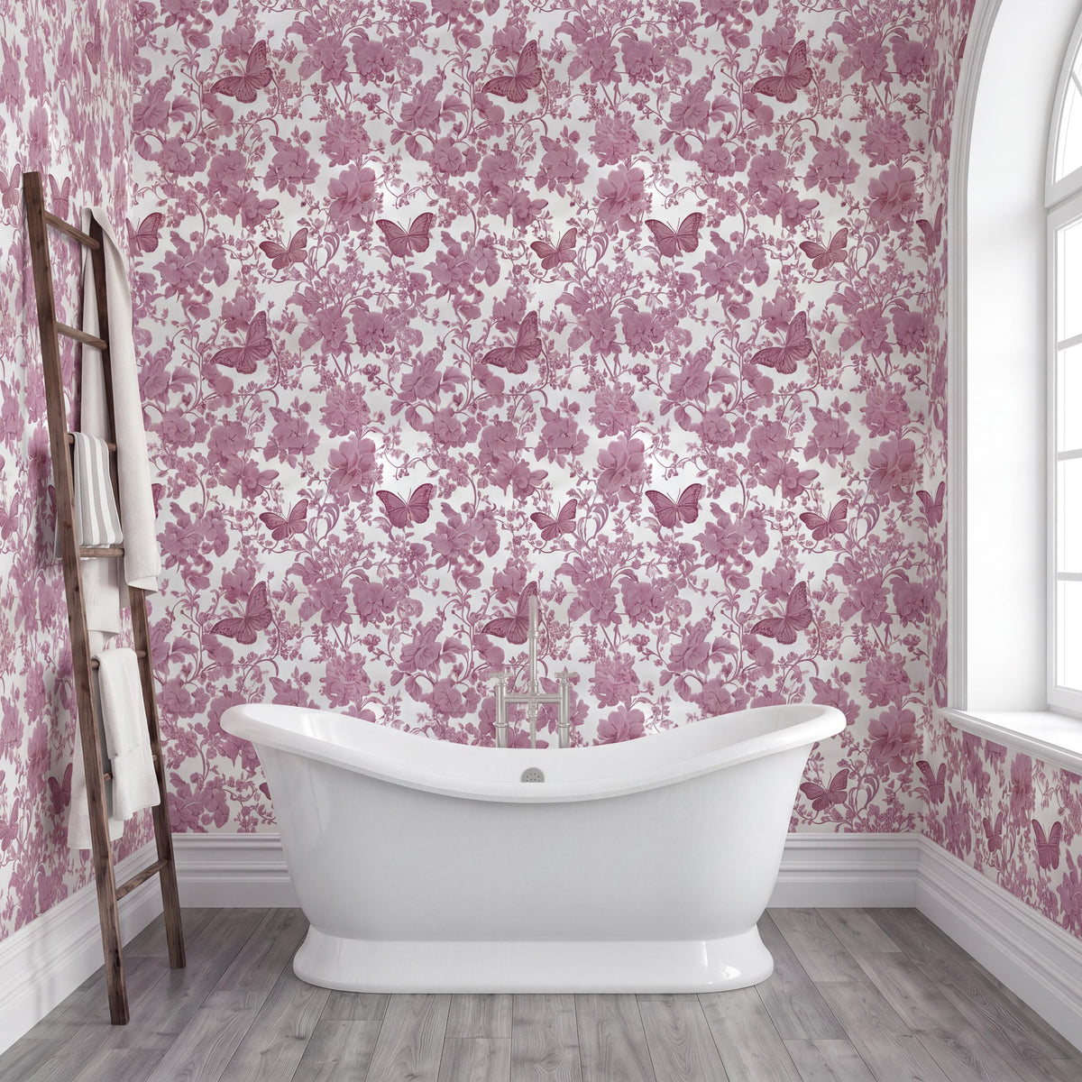 a bathroom with a white freestanding bathtub, a wooden ladder, and a floral wallpaper pattern.