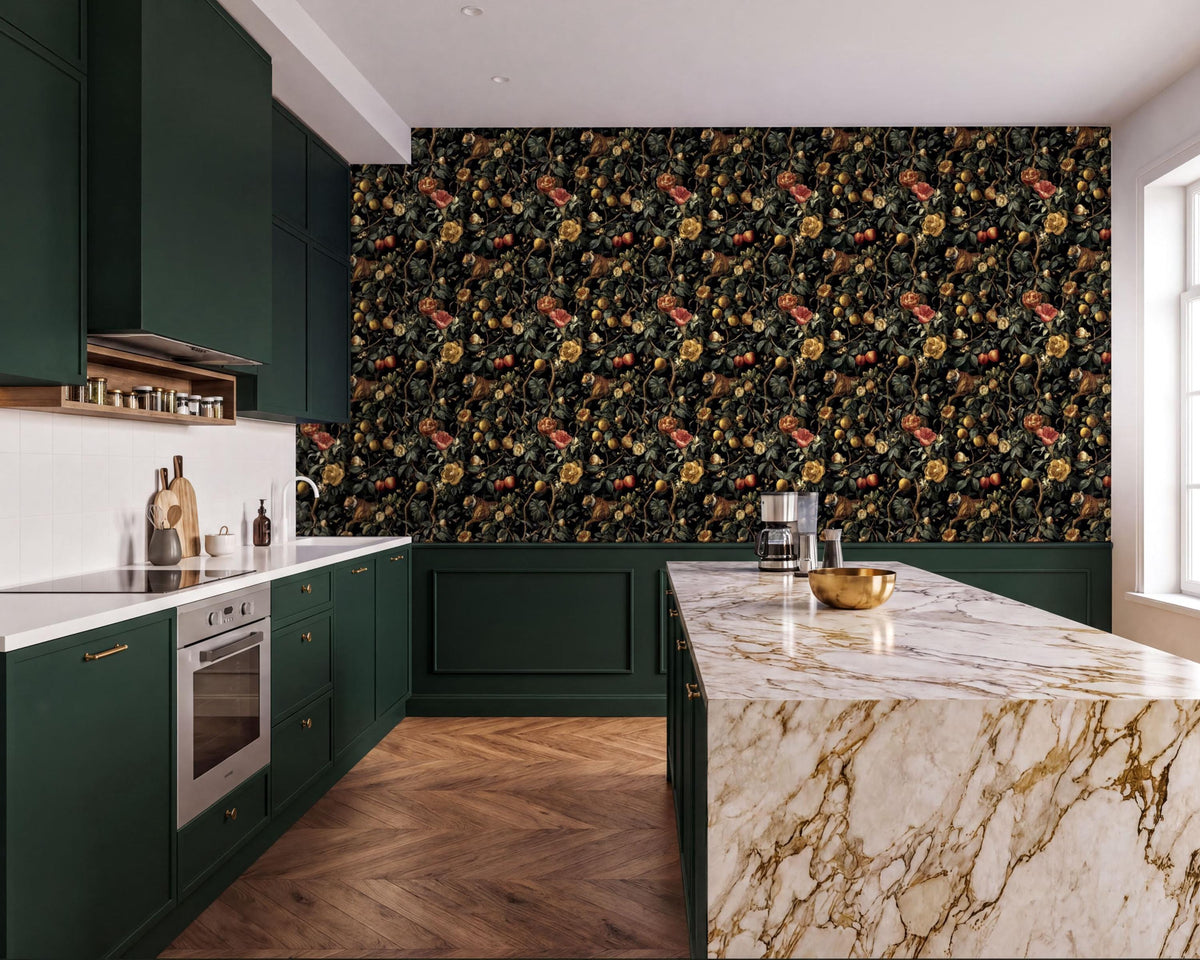 a modern kitchen with a marble countertop and dark green cabinets. The kitchen features a large floral wallpaper on the wall behind the countertop, creating a visually striking and cohesive design.