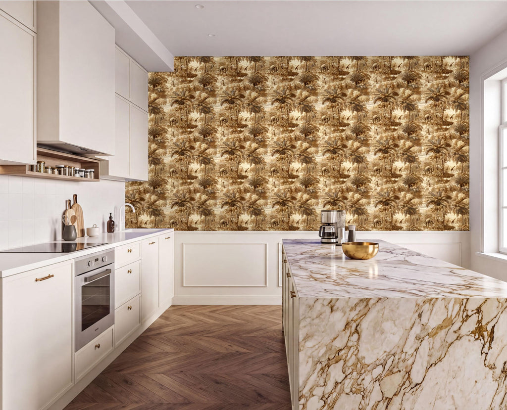 a modern kitchen with a marble countertop and white cabinets. The walls are covered in a gold and brown patterned wallpaper, creating a warm and inviting atmosphere. The kitchen features a large island with a marble top, and various kitchen appliances and utensils are visible on the countertop.