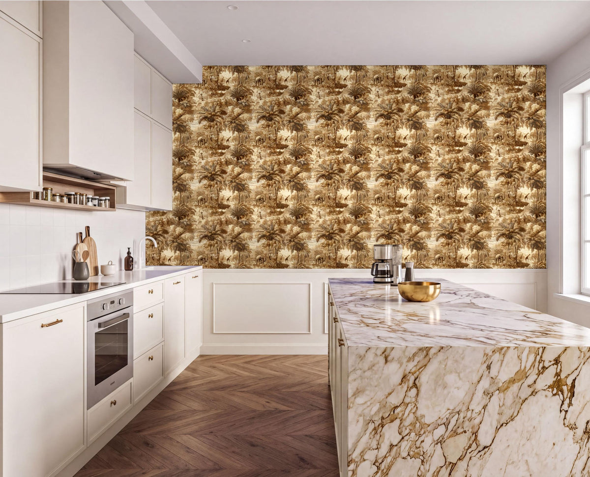 a modern kitchen with a marble countertop and white cabinets. The walls are covered in a gold and brown patterned wallpaper, creating a warm and inviting atmosphere. The kitchen features a large island with a marble top, and various kitchen appliances and utensils are visible on the countertop.