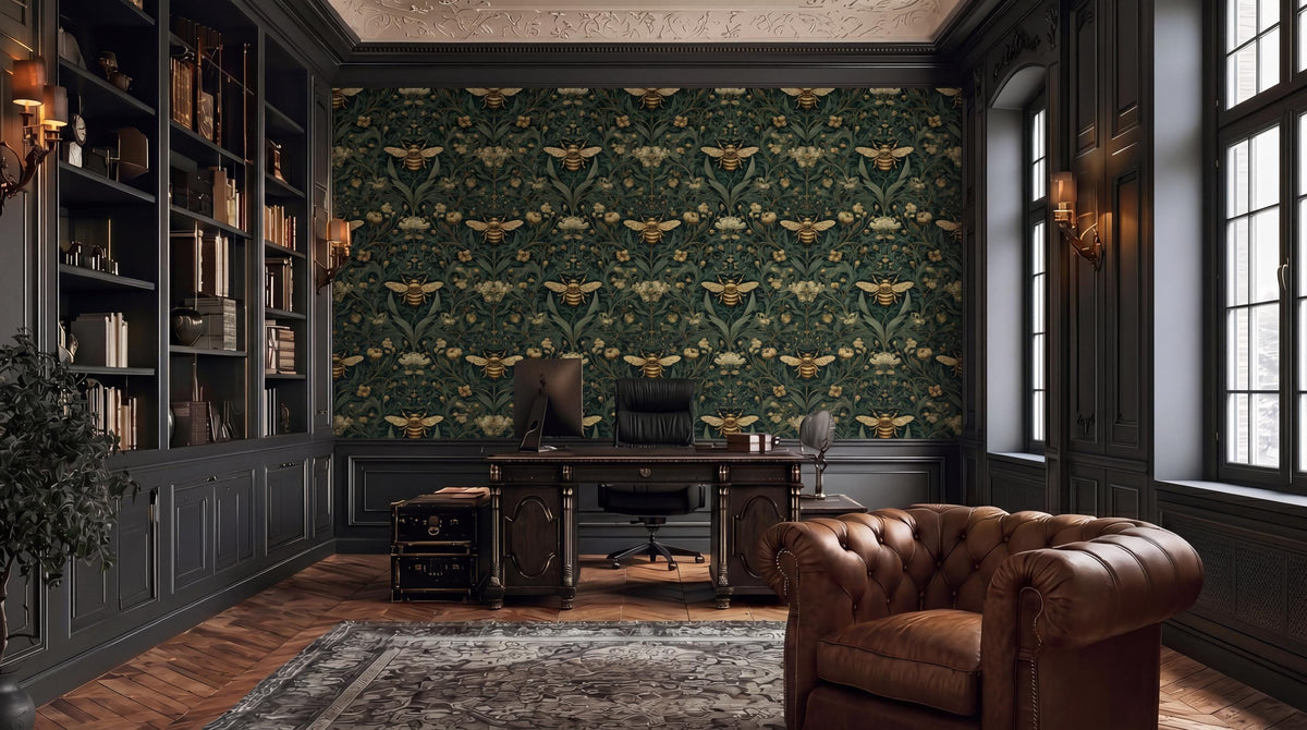 a luxurious and well-appointed home office with a large bookshelf, a tufted leather armchair, and a patterned wallpaper accent wall.