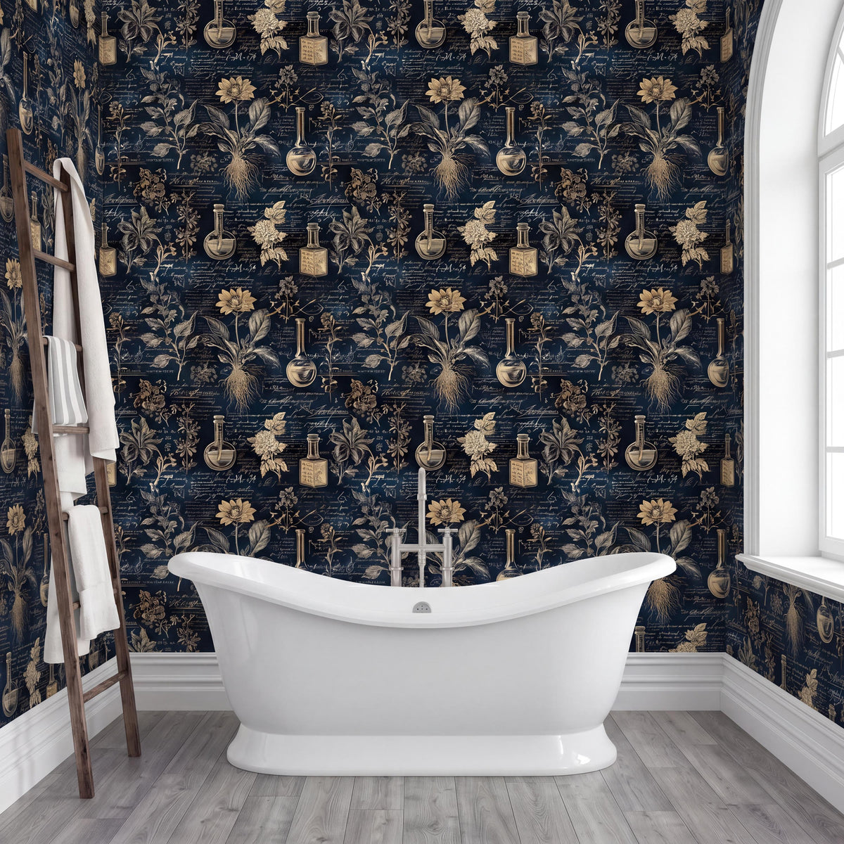a bathroom with a white clawfoot bathtub in the center, surrounded by a dark blue and gold floral wallpaper. A wooden ladder is leaning against the wall next to the bathtub.