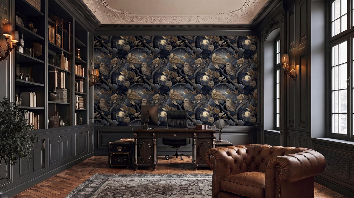 a luxurious and elegant home office with a large, ornate wallpaper featuring a floral pattern in shades of blue and gold. The room is furnished with a leather armchair, a wooden desk, and a bookshelf filled with books. The overall design and decor create a sophisticated and inviting atmosphere.