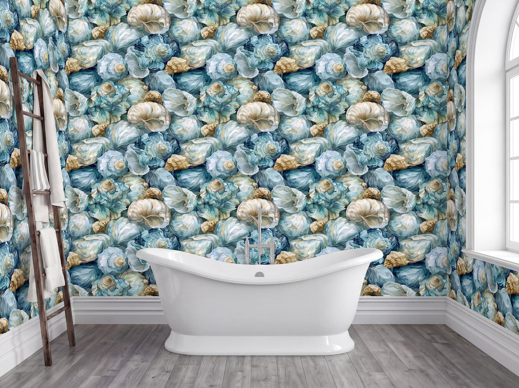 a bathroom with a white freestanding bathtub in the center, surrounded by a vibrant wallpaper with a repeating pattern of blue and gold shells and flowers. The walls are painted in a light blue color, and there is a window on the right side of the image.