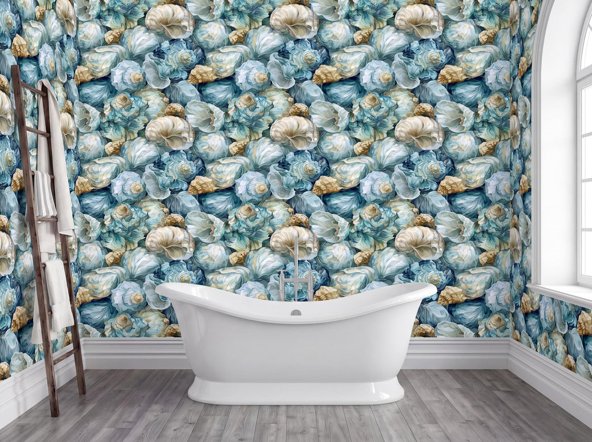a bathroom with a white freestanding bathtub in the center, surrounded by a vibrant wallpaper with a repeating pattern of blue and gold shells and flowers. The walls are painted in a light blue color, and there is a window on the right side of the image.