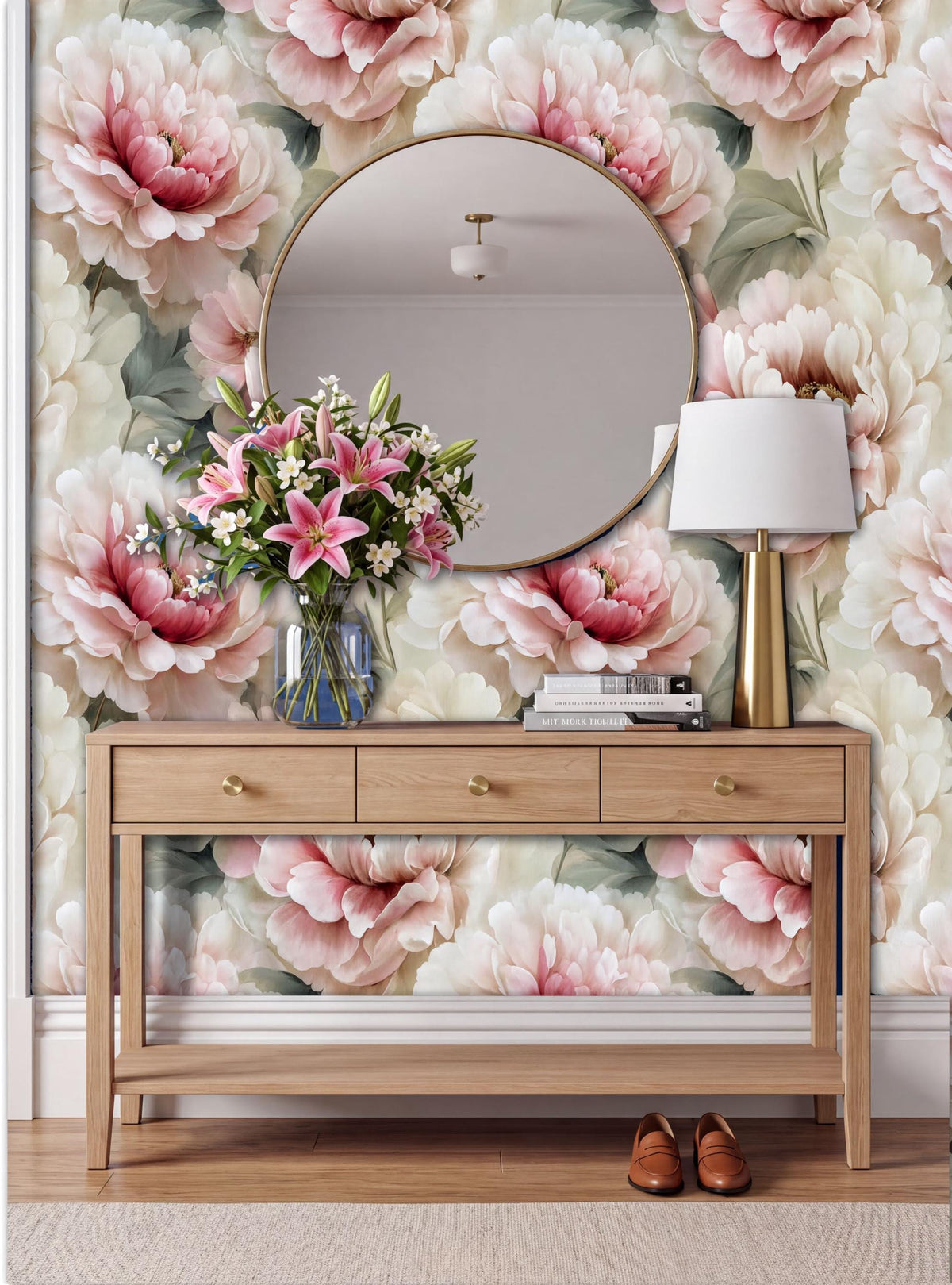 a wooden console table with a round mirror above it, set against a wall with a floral wallpaper. The table has three drawers and a vase of flowers on top. A pair of shoes is placed on the floor next to the table.