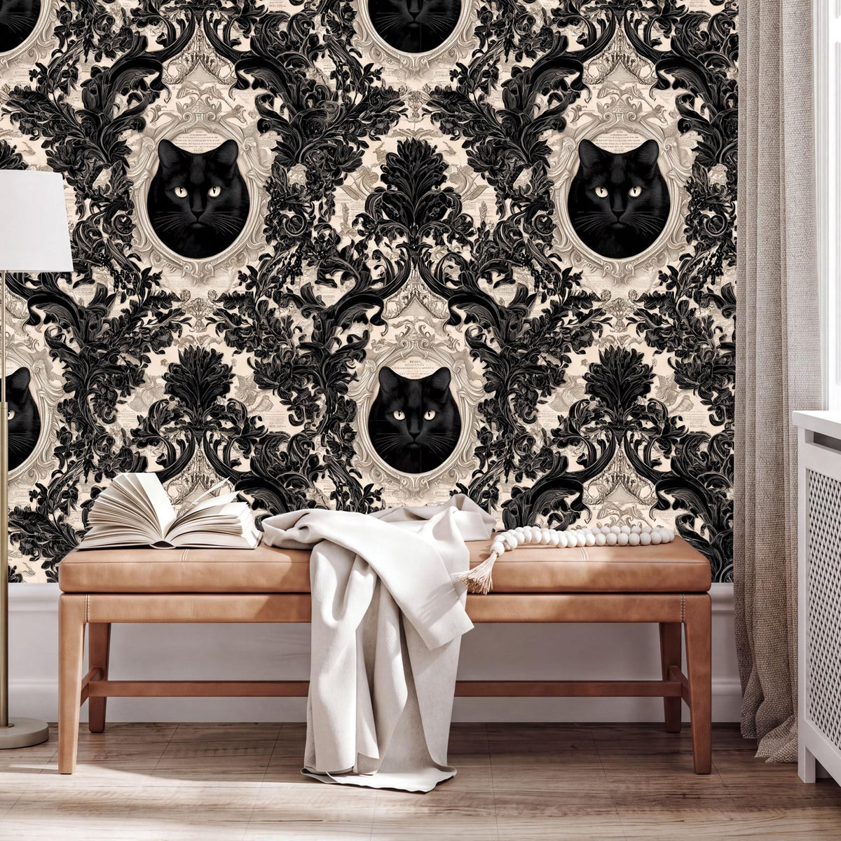 a black and white wallpaper with a repeating pattern of black cat faces in ornate frames, creating a striking and dramatic visual effect. In the foreground, there is a wooden bench with a white blanket draped over it, and a lamp is visible on the left side of the image.