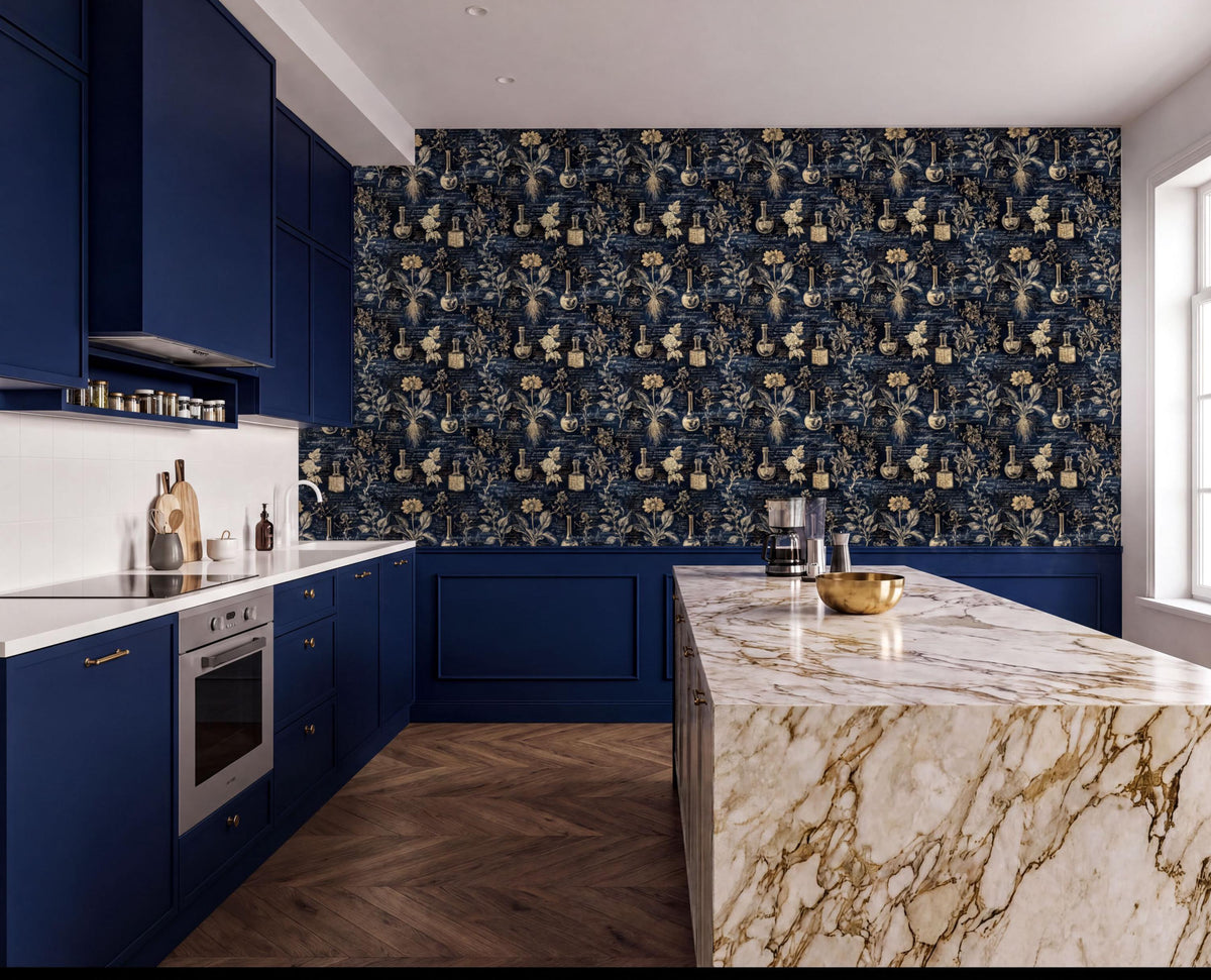 The image showcases a modern kitchen with a marble countertop and dark blue cabinets. The kitchen features a large island with a marble top, and the walls are adorned with a patterned wallpaper. The overall design and color scheme of the kitchen create a luxurious and sophisticated atmosphere.