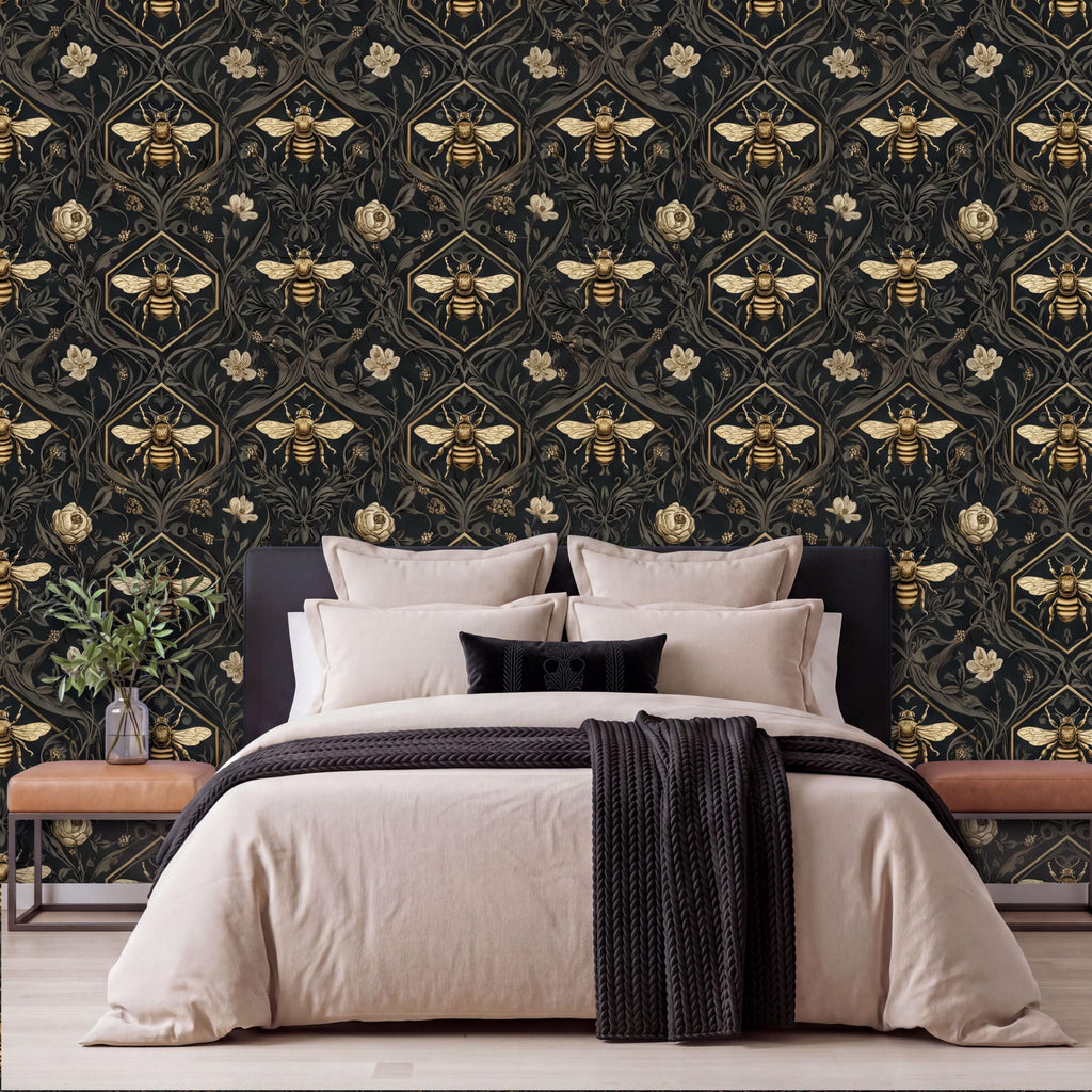 a bedroom with a large bed, dark green wallpaper with a repeating pattern of bees and flowers, and a wooden nightstand with a plant on it.