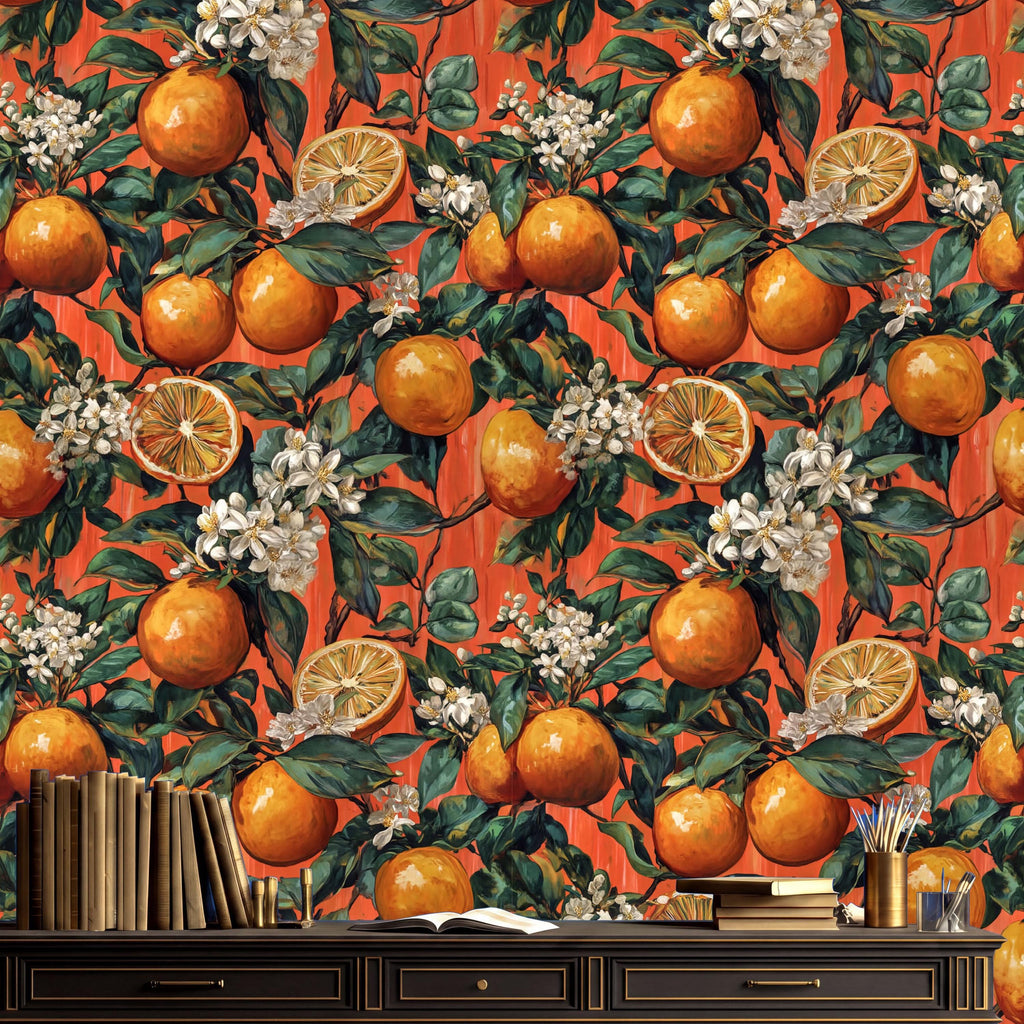 a vibrant and colorful wallpaper with a repeating pattern of oranges and white flowers. The wallpaper is predominantly orange, with accents of white flowers scattered throughout. The pattern is intricate and detailed, creating a visually striking and lively design.