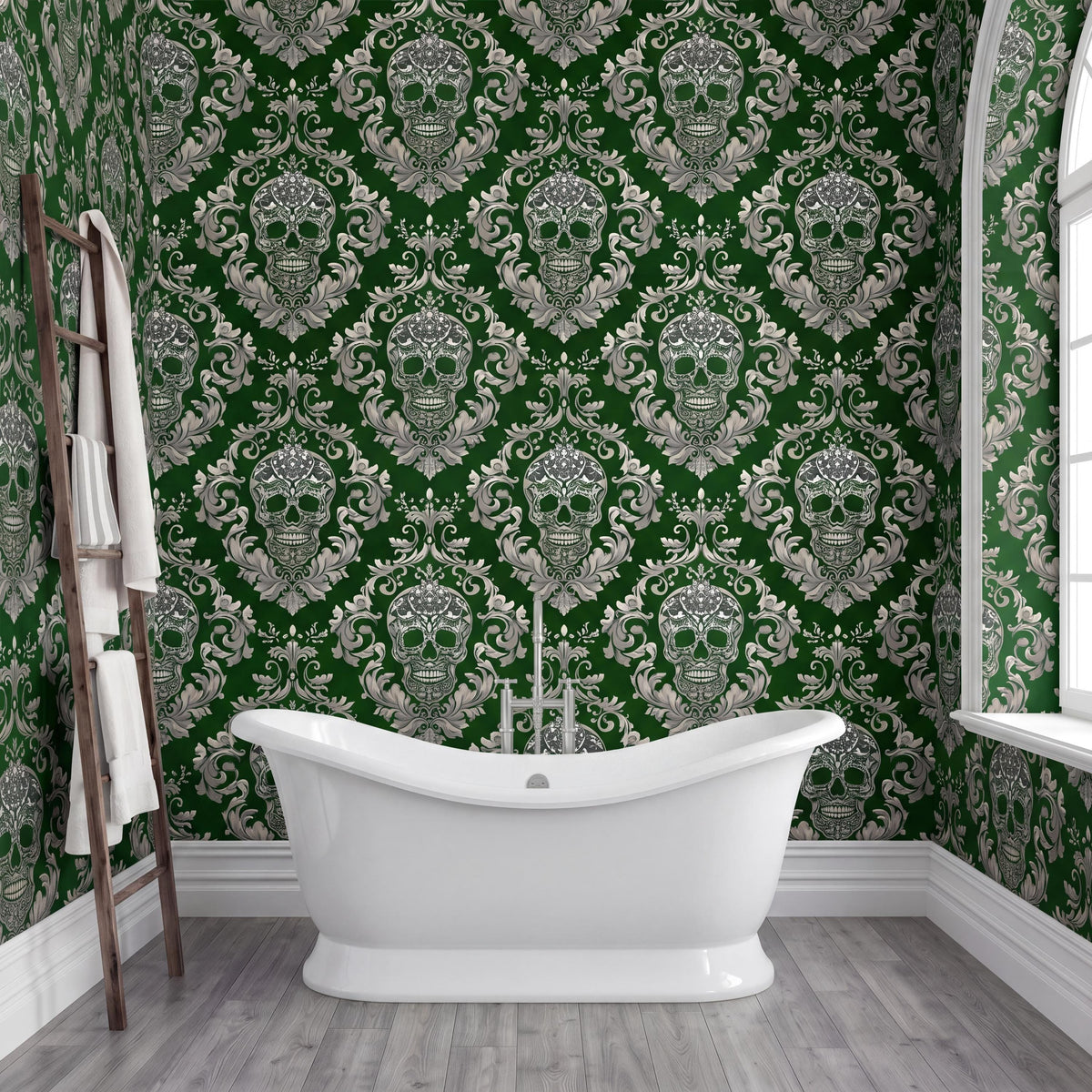 a bathroom with a white freestanding bathtub in the center, surrounded by a green and white damask wallpaper with a repeating skull pattern. A wooden ladder is leaning against the wall next to the bathtub.