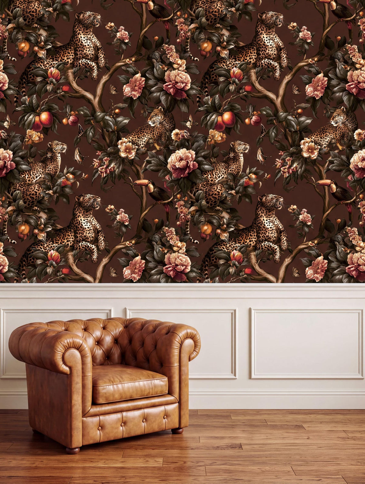 a brown leather armchair positioned in front of a wall with a vibrant floral wallpaper.