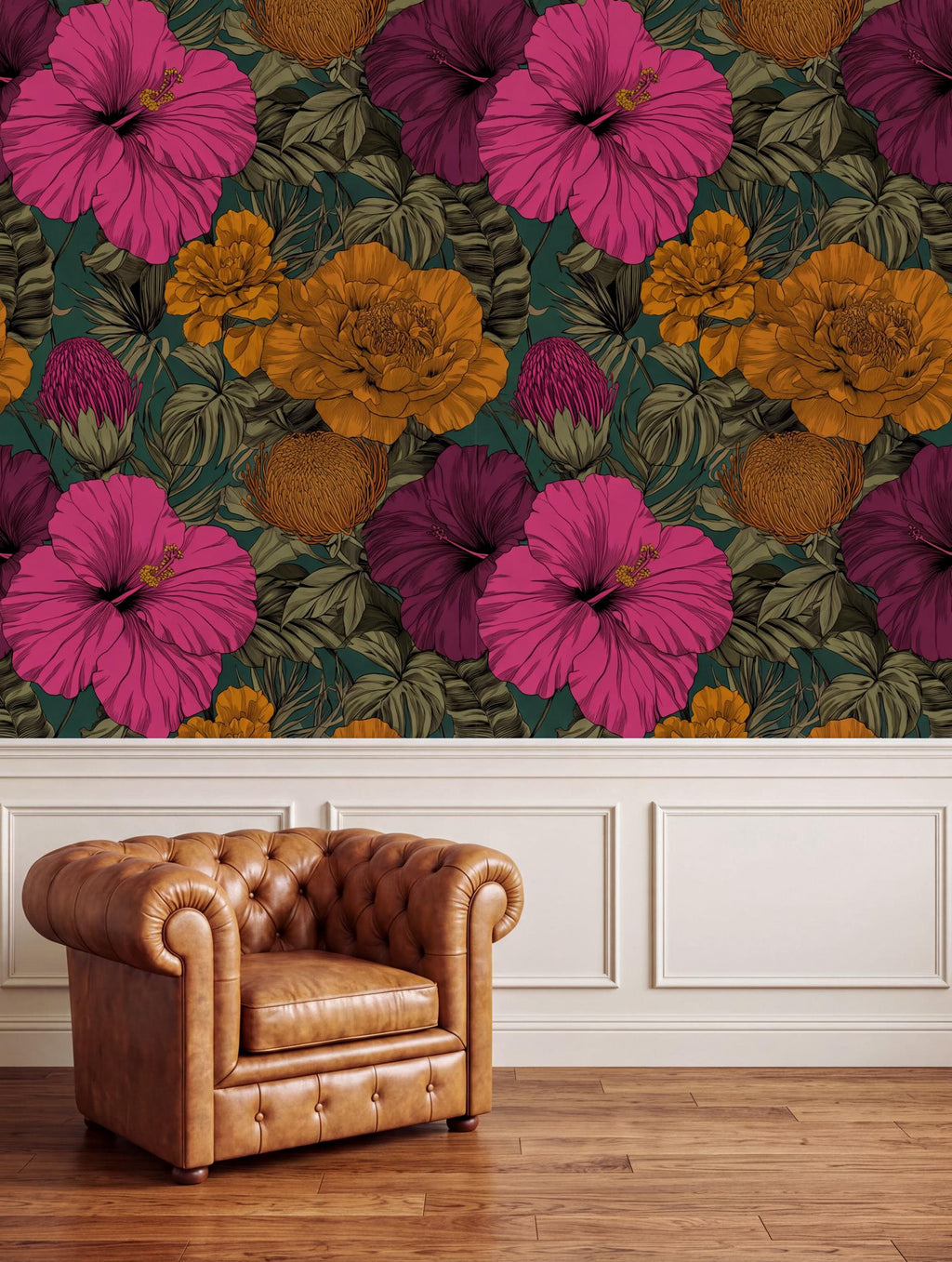 a brown leather armchair positioned in front of a vibrant floral wallpaper with a mix of pink, orange, and green hues.