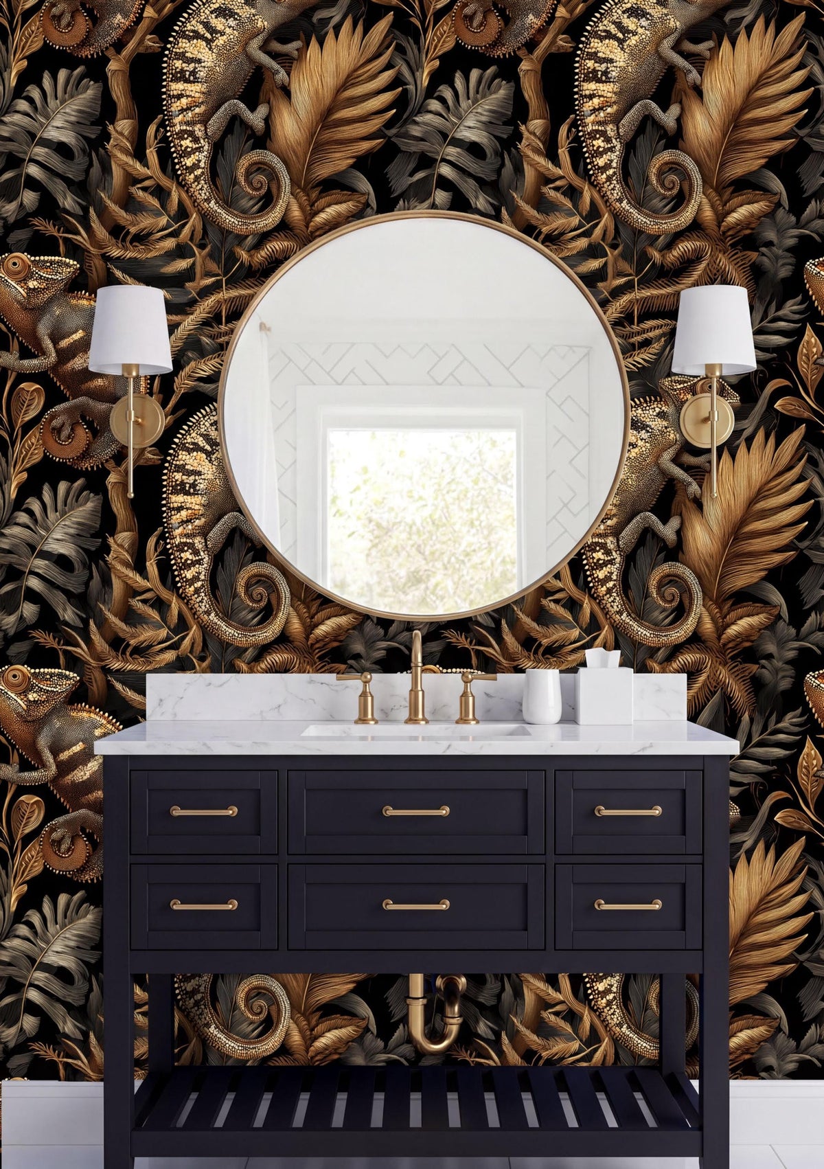 a bathroom vanity with a black countertop and a round mirror above it. The wall behind the vanity has a gold and black patterned wallpaper. There are two white lamps on either side of the vanity, and the overall color scheme is predominantly black, gold, and white.