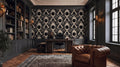 a luxurious and elegant home office with a large black and white cat wallpaper, a dark wood desk, a leather armchair, and a bookshelf filled with books.