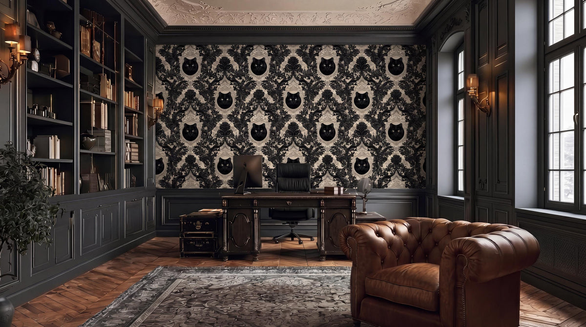 a luxurious and elegant home office with a large black and white cat wallpaper, a dark wood desk, a leather armchair, and a bookshelf filled with books.