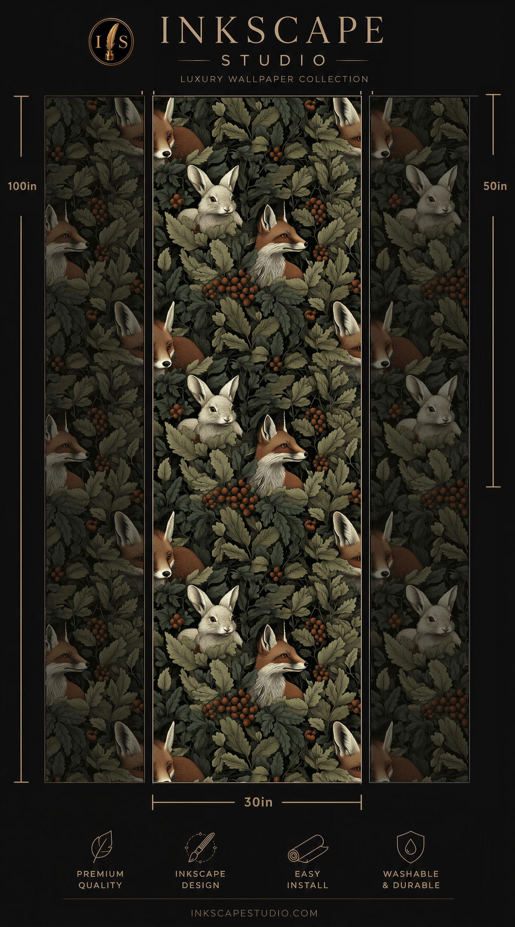 The image is a collage of three panels featuring a repeating pattern of foxes and rabbits in a forest setting. The panels are arranged in a vertical format, with the top panel being the largest and the bottom panel being the smallest. The image is described as a luxury wallpaper collection, and it is 50 inches wide. The website "INKSCAPE STUDIO.COM" is also mentioned.