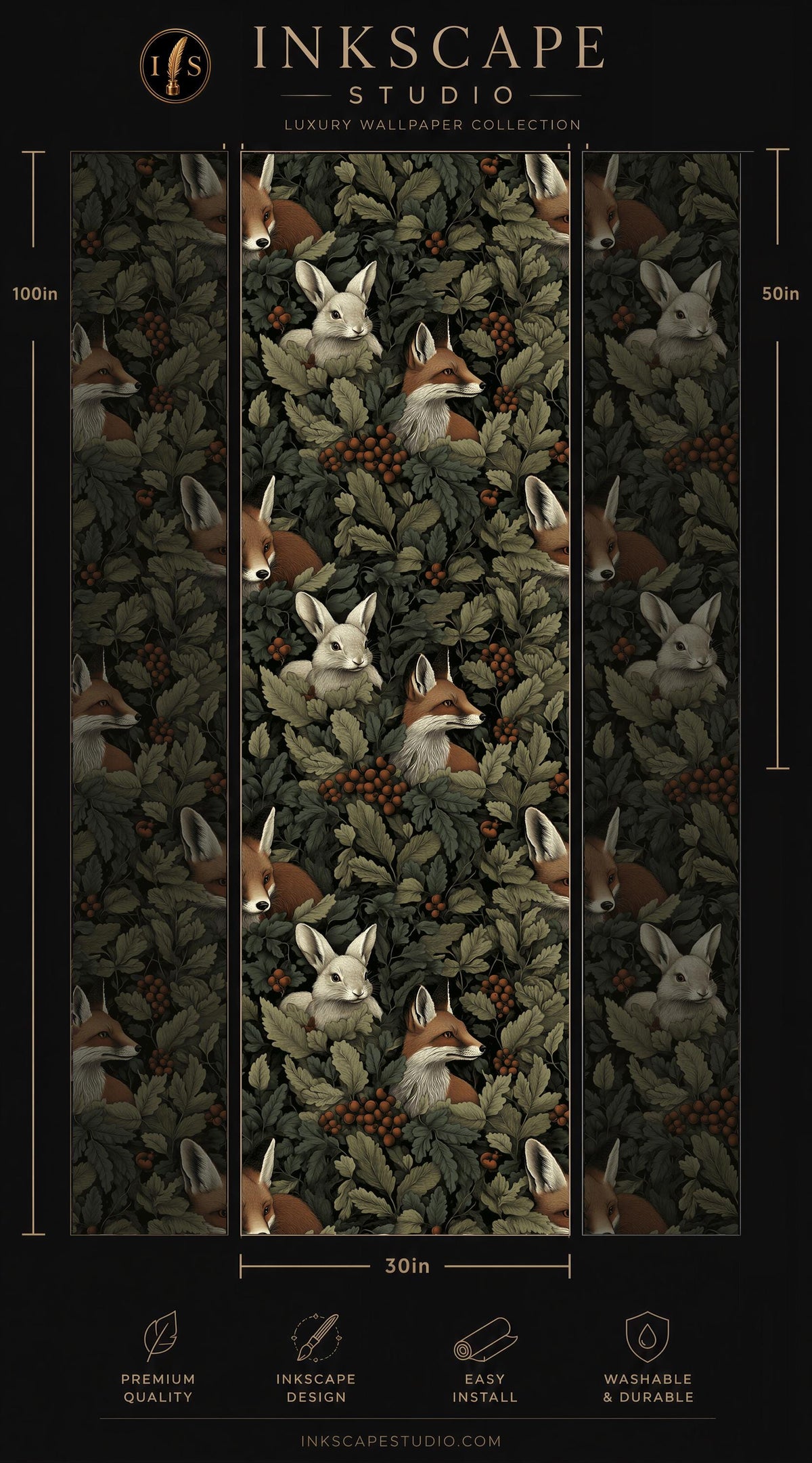 The image is a collage of three panels featuring a repeating pattern of foxes and rabbits in a forest setting. The panels are arranged in a vertical format, with the top panel being the largest and the bottom panel being the smallest. The image is described as a luxury wallpaper collection, and it is 50 inches wide. The website "INKSCAPE STUDIO.COM" is also mentioned.