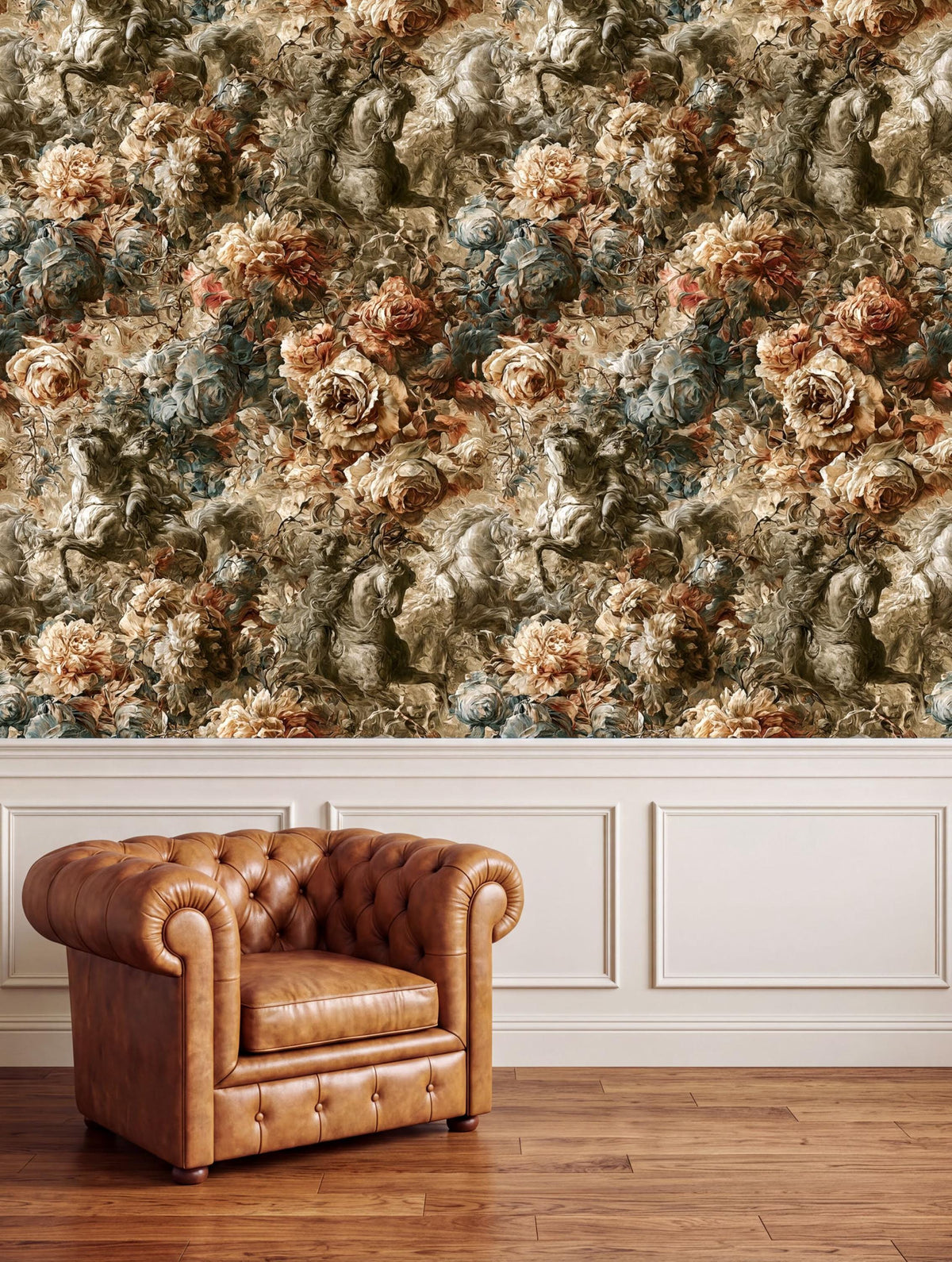 a brown leather armchair positioned in front of a wall with a floral wallpaper.