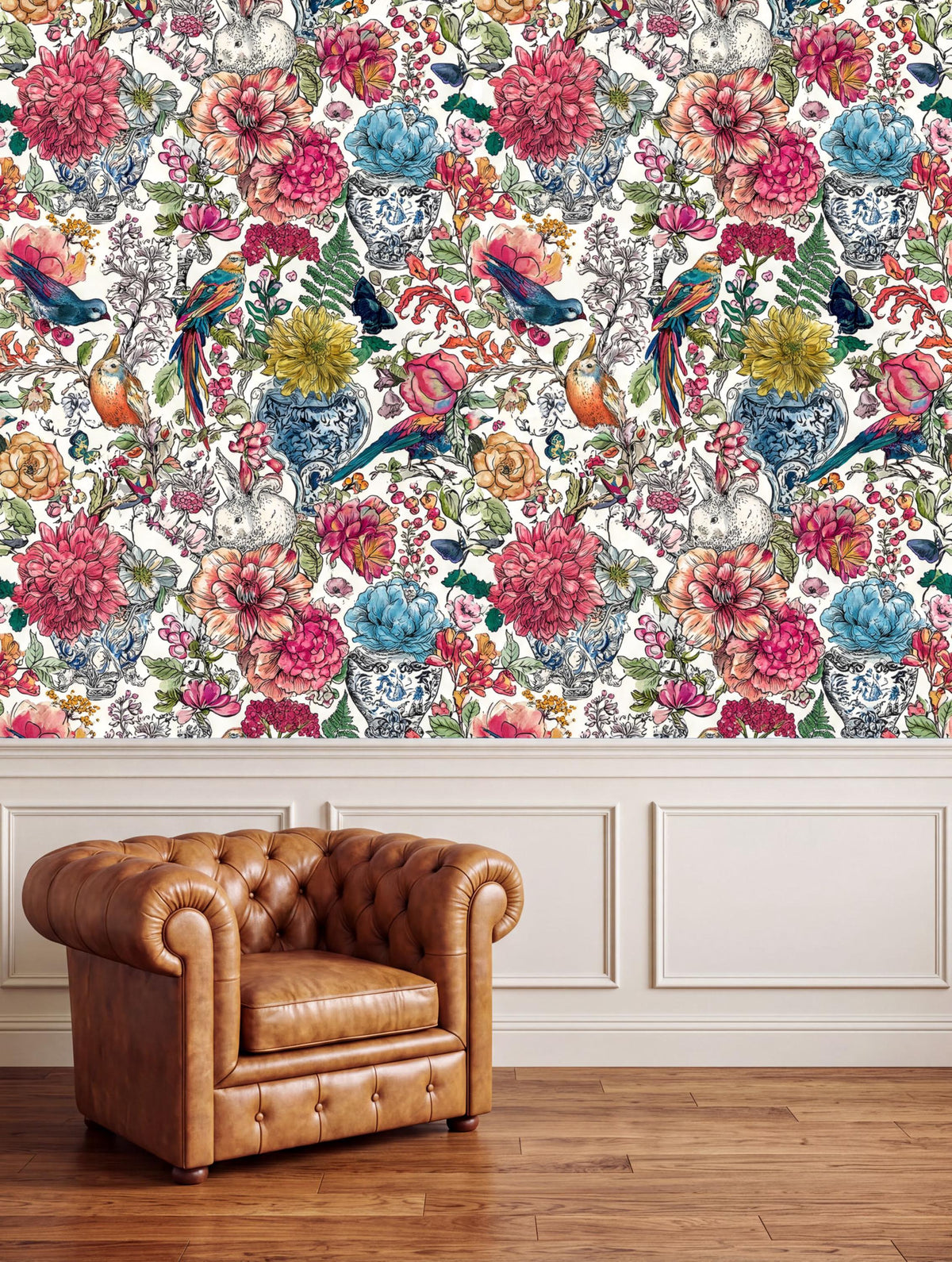 a vibrant floral wallpaper with various colorful flowers and birds, creating a lively and cheerful atmosphere. In the foreground, there is a brown leather armchair, adding a touch of elegance to the scene.