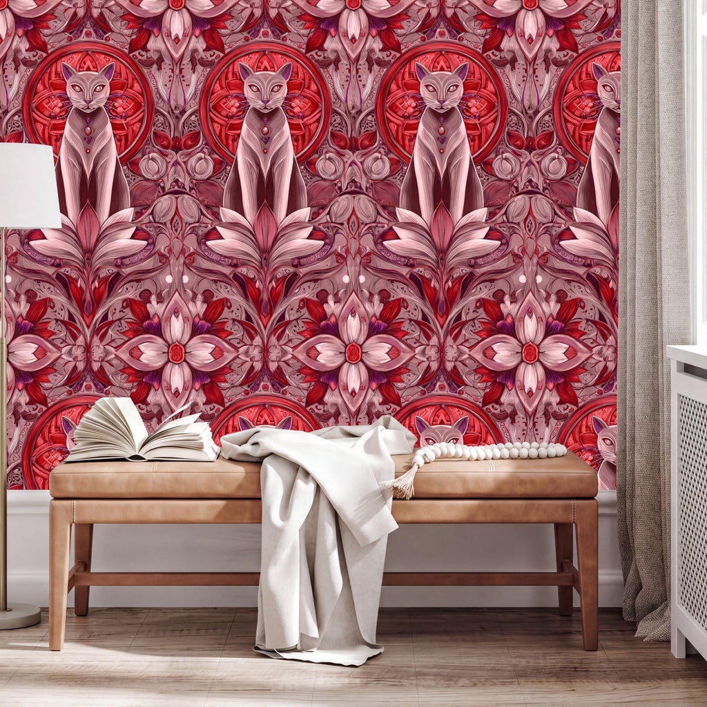a large, colorful, and intricate floral pattern on the wall behind a wooden bench. The pattern consists of various pink and red flowers and leaves, creating a visually striking and decorative backdrop. The bench is positioned in front of the wall, with a white blanket draped over it. There are also some books and a lamp visible in the scene.