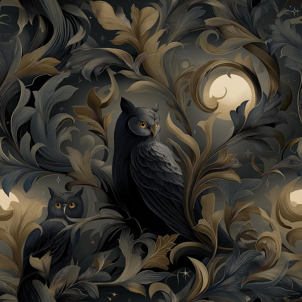 The image is a detailed illustration featuring two owls, one larger and one smaller, surrounded by intricate floral and leaf patterns in shades of black, gold, and brown. The owls are perched on branches, with the larger owl positioned in the center and the smaller owl on the left side. The background is dark and features a moon and stars, creating a mystical and enchanting atmosphere.