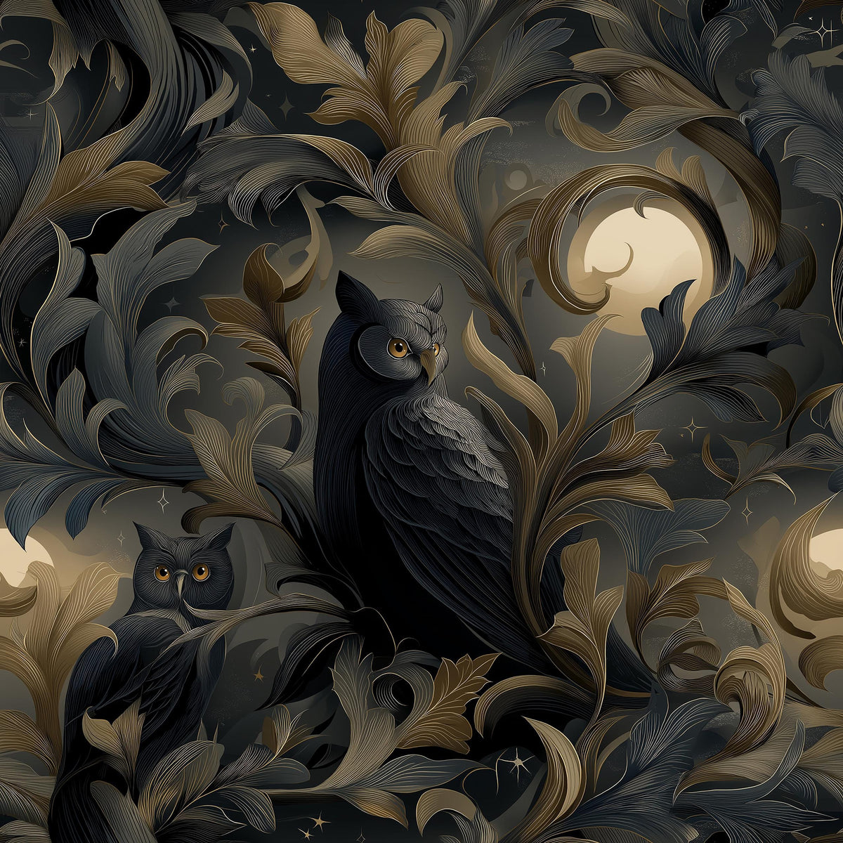 The image is a detailed illustration featuring two owls, one larger and one smaller, surrounded by intricate floral and leaf patterns in shades of black, gold, and brown. The owls are perched on branches, with the larger owl positioned in the center and the smaller owl on the left side. The background is dark and features a moon and stars, creating a mystical and enchanting atmosphere.