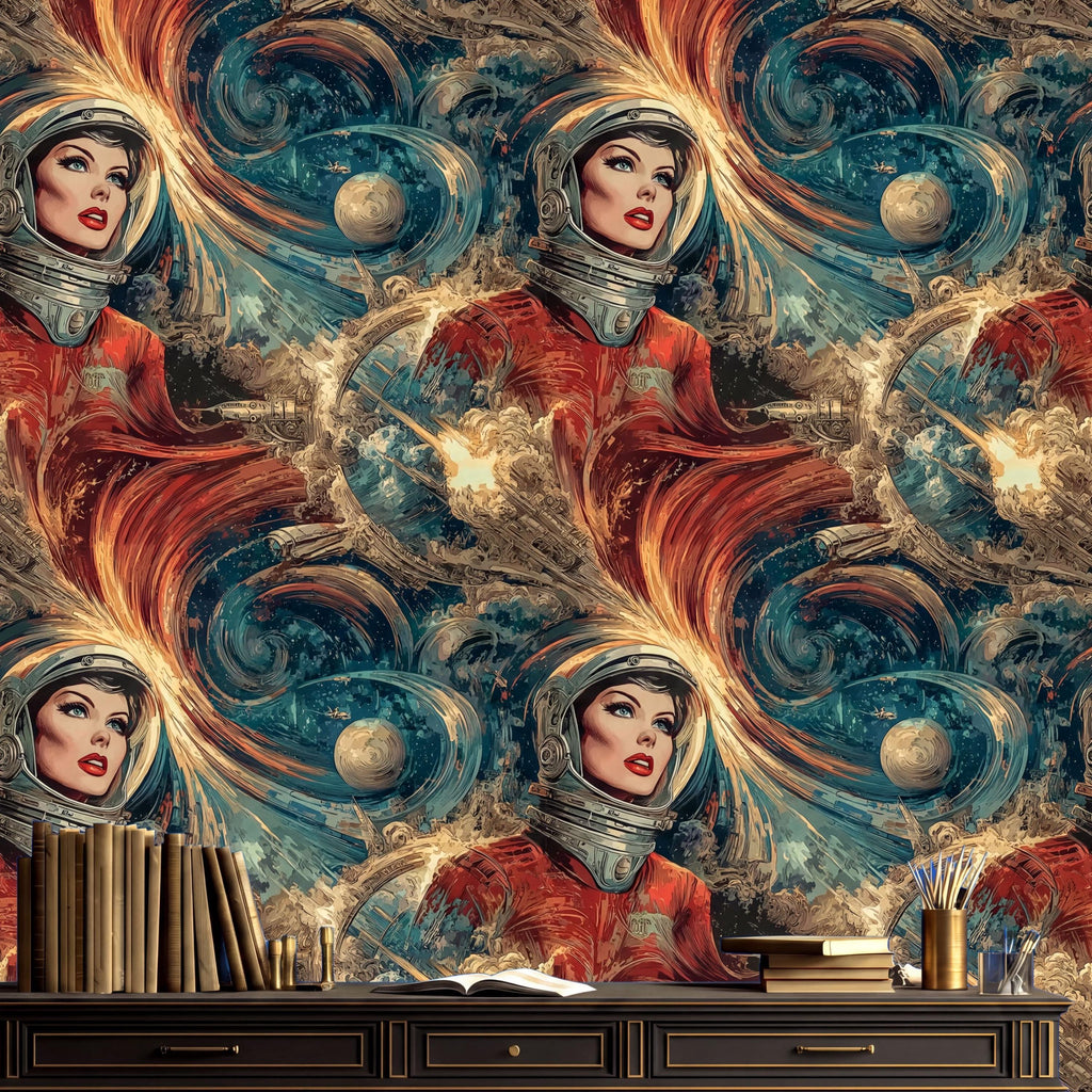 The image is a vibrant and colorful wallpaper featuring a woman in a space suit, surrounded by swirling cosmic elements and celestial bodies.