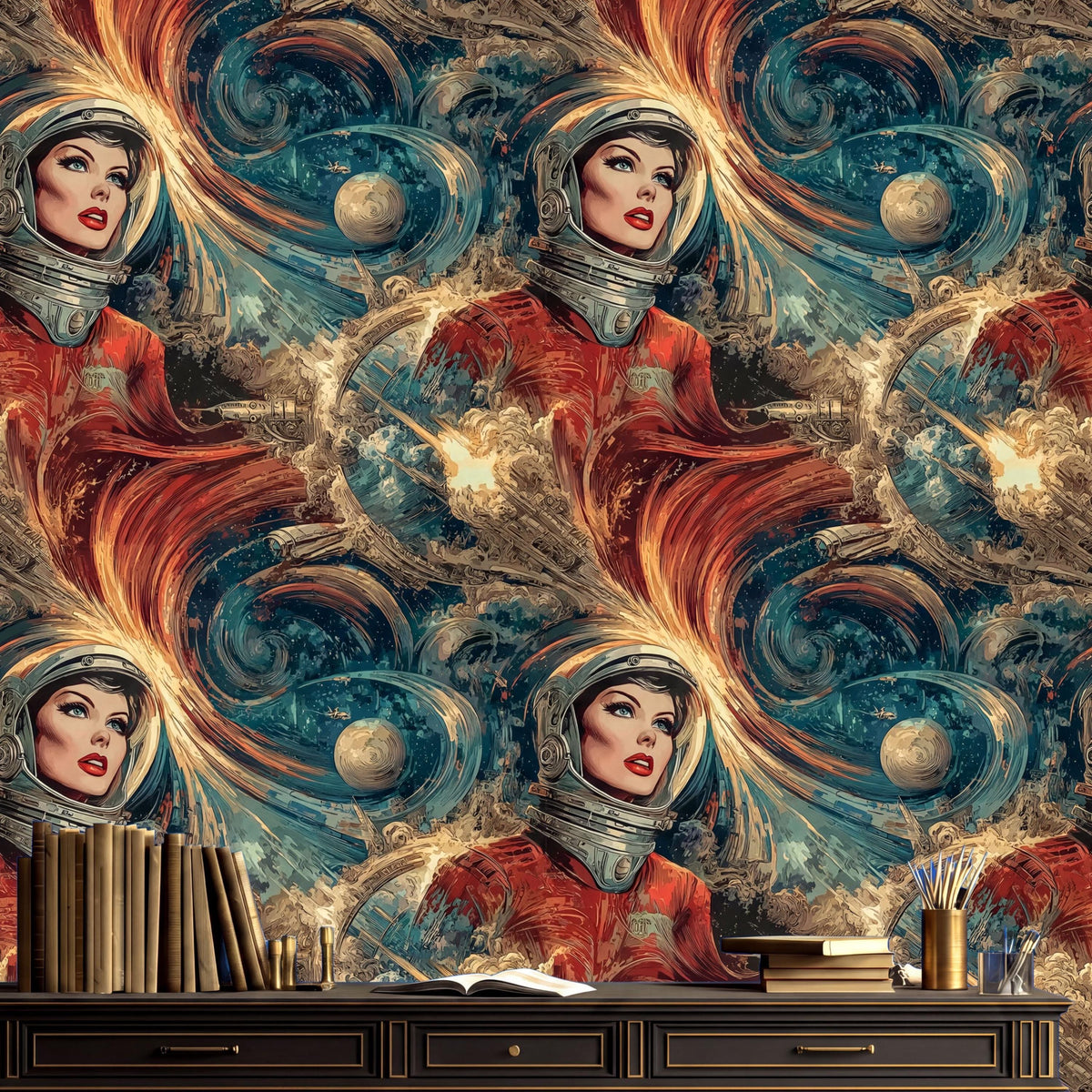The image is a vibrant and colorful wallpaper featuring a woman in a space suit, surrounded by swirling cosmic elements and celestial bodies.