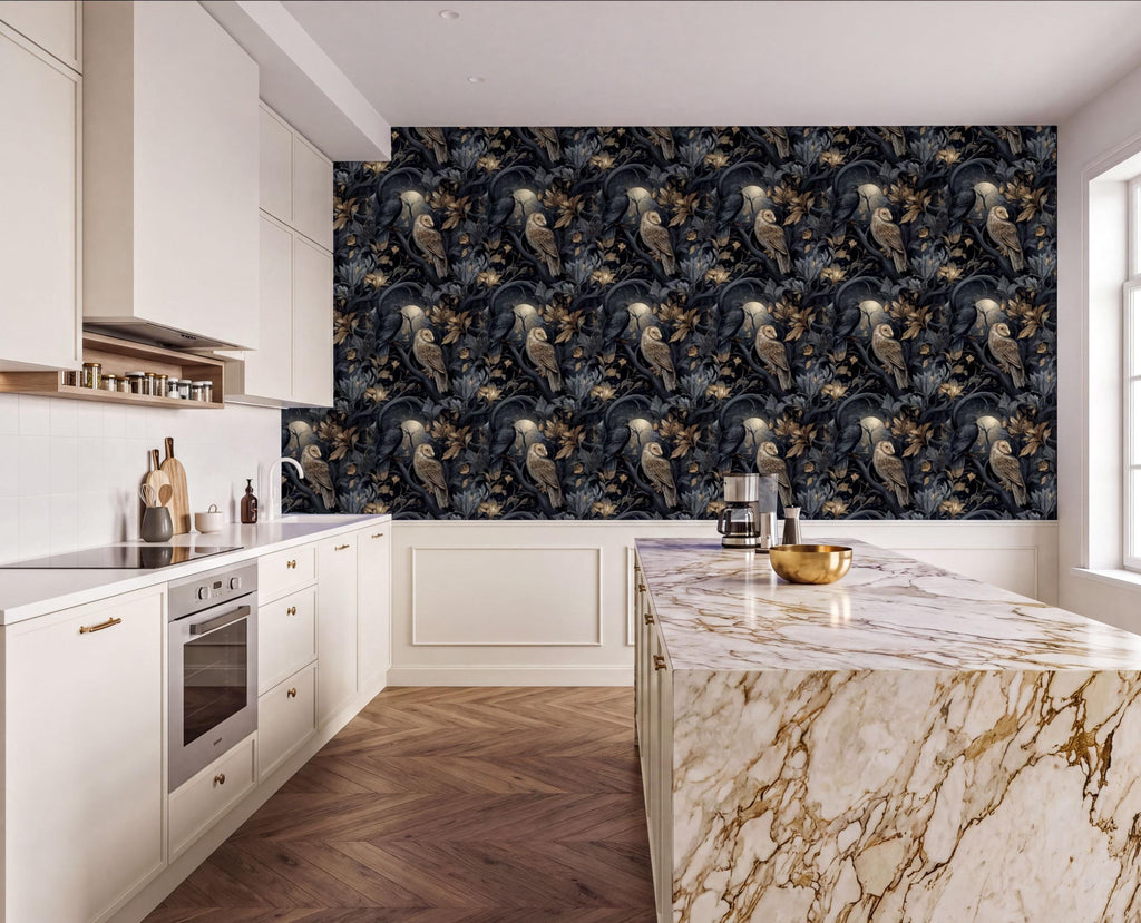 a modern kitchen with a large, ornate wallpaper featuring a repeating pattern of owls and other birds. The kitchen has white cabinets and marble countertops, creating a luxurious and elegant atmosphere.