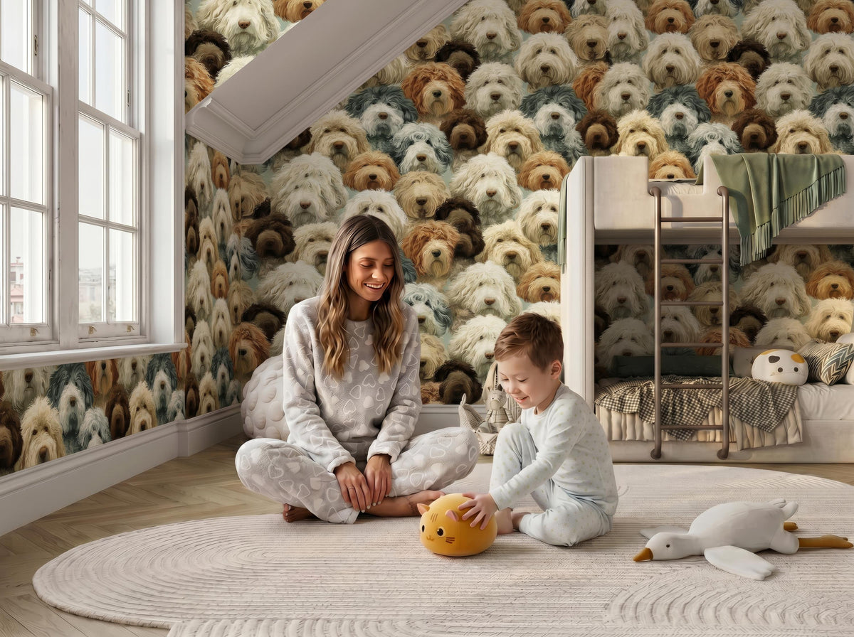A woman and a young boy are sitting on the floor in a room with a wallpapered wall featuring a collage of various dog breeds.