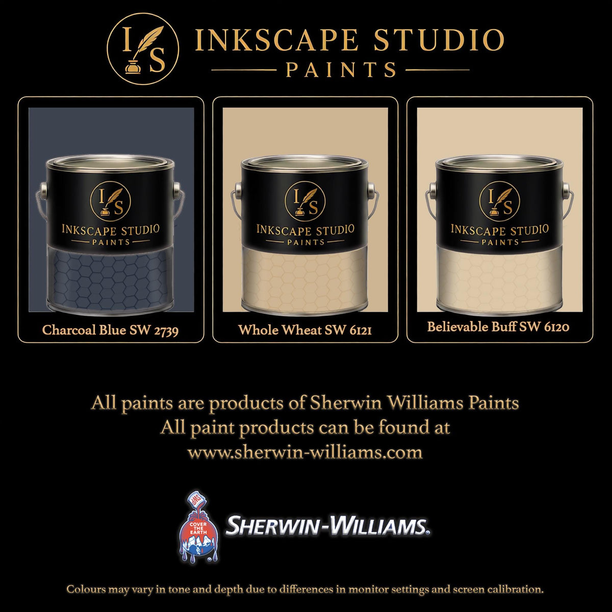 The image is an advertisement for Sherwin Williams paints, featuring three different paint cans with the company's logo.