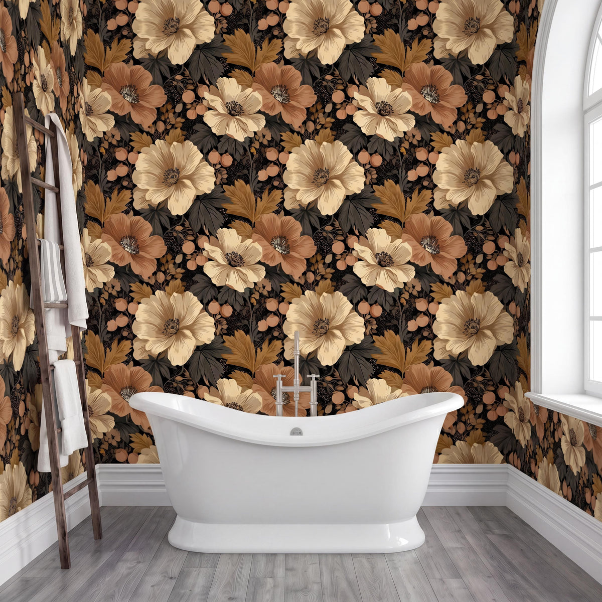 a bathroom with a white freestanding bathtub in the center, surrounded by a floral wallpaper with a mix of brown, orange, and black colors. The wall behind the bathtub has a window, and there is a ladder leaning against the wall.