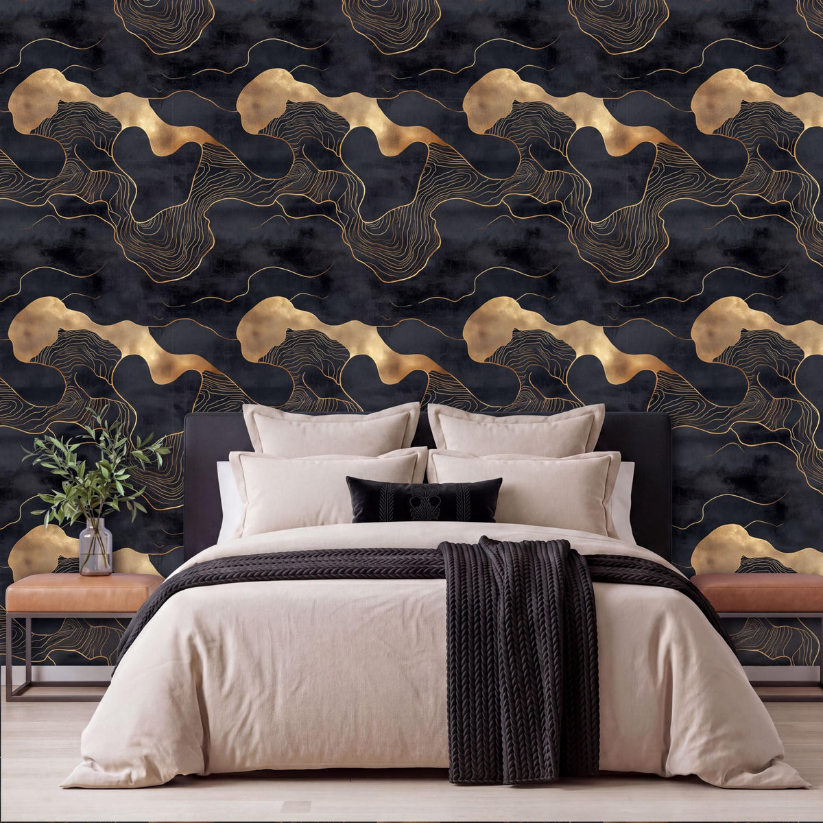 a luxurious bedroom with a large bed, dark and light blue wallpaper, and a black and white color scheme.