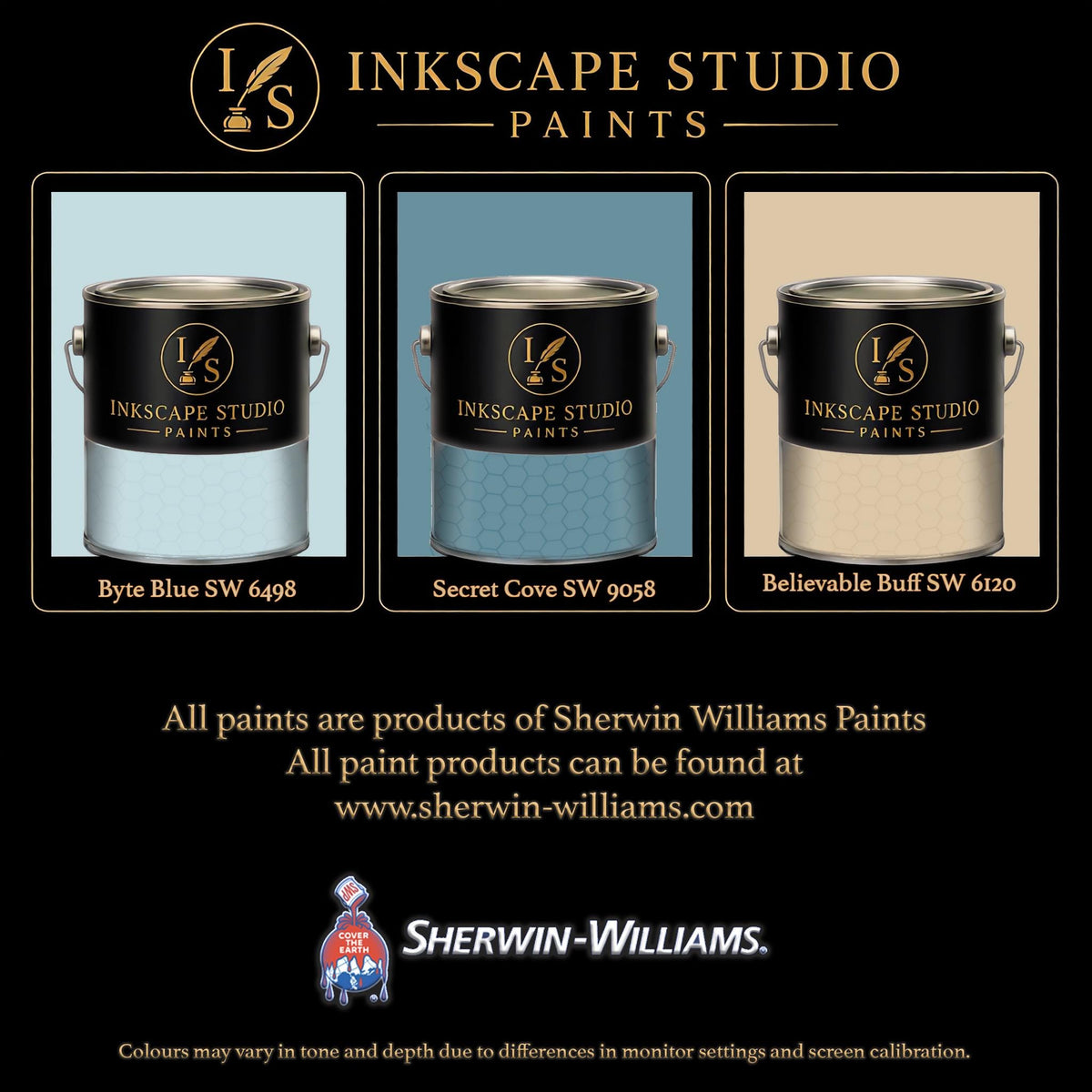 The image is an advertisement for Sherwin Williams paints, featuring three different paint colors: Blue, Secret Cove, and Believable Buff. The text highlights the variety of paint colors available at Inkscape Studio, and the ad emphasizes that all paint products can be found at www.herwin-williams.com.