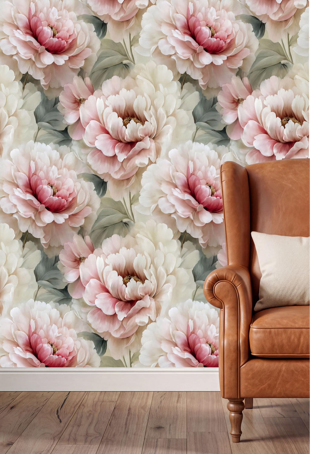 a large floral wallpaper with pink and white flowers, creating a vibrant and elegant atmosphere. The wallpaper is displayed on the wall, and a brown leather armchair is positioned next to it, providing a cozy seating area.