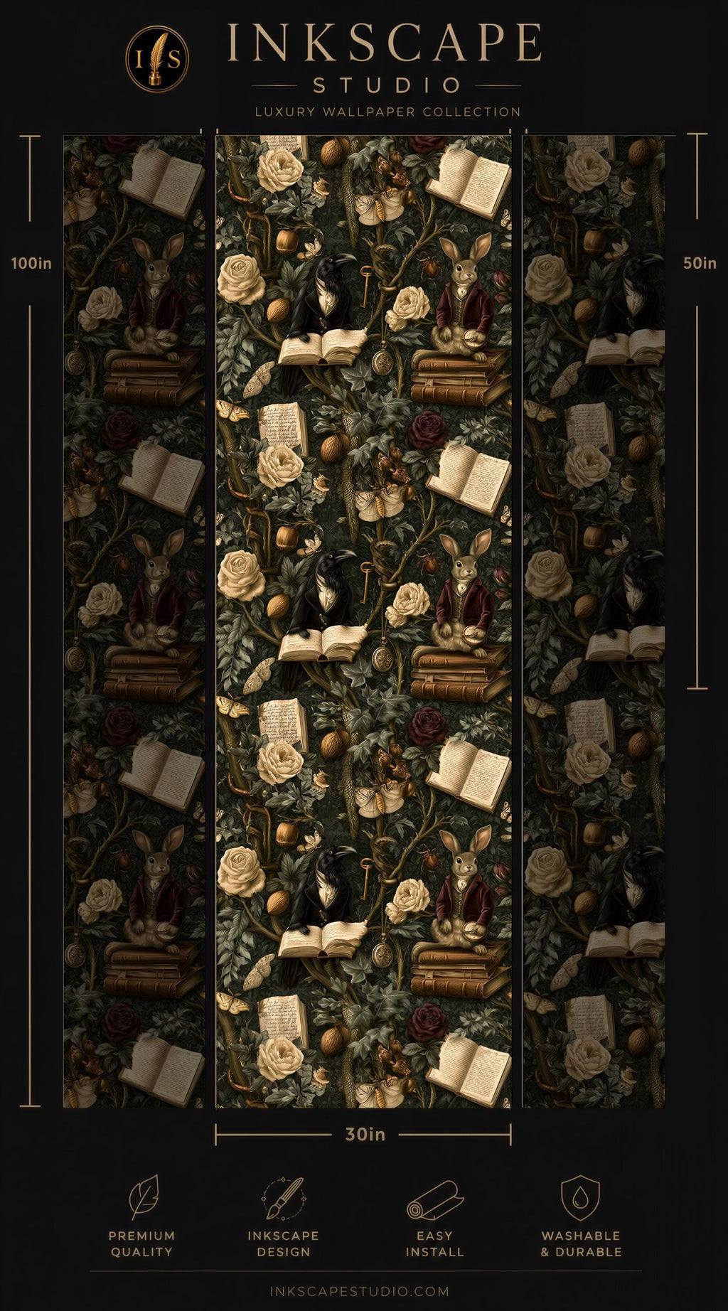 The image is a wallpaper design featuring a repeating pattern of various objects, including books, flowers, and other decorative elements, arranged in a visually appealing and intricate manner.