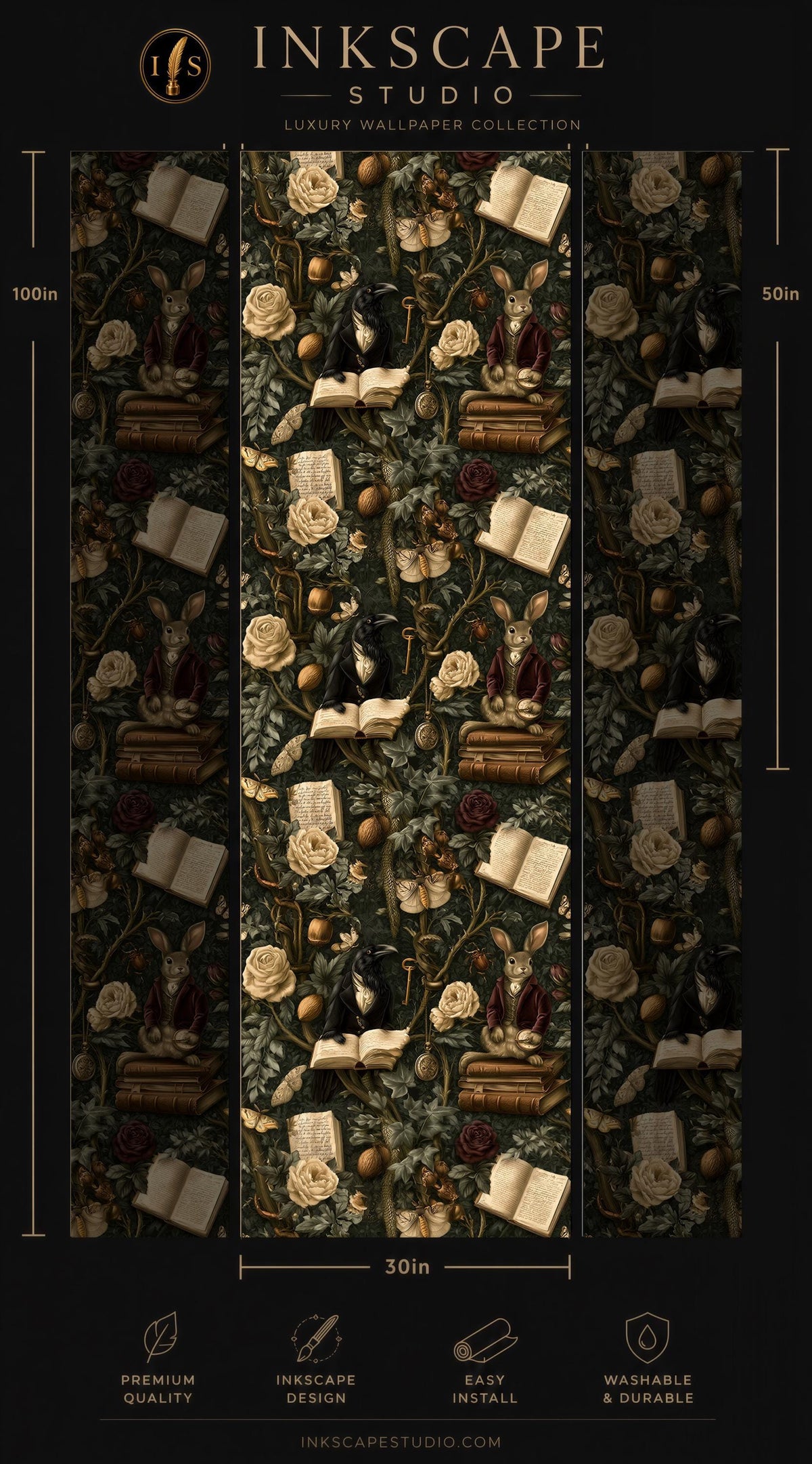 The image is a wallpaper design featuring a repeating pattern of various objects, including books, flowers, and other decorative elements, arranged in a visually appealing and intricate manner.