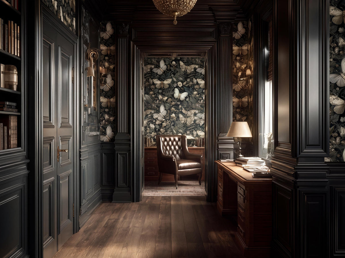 a luxurious and ornate room with dark wood paneling, a large window, and a leather armchair. The room has a high ceiling and a chandelier, creating an elegant and sophisticated atmosphere.