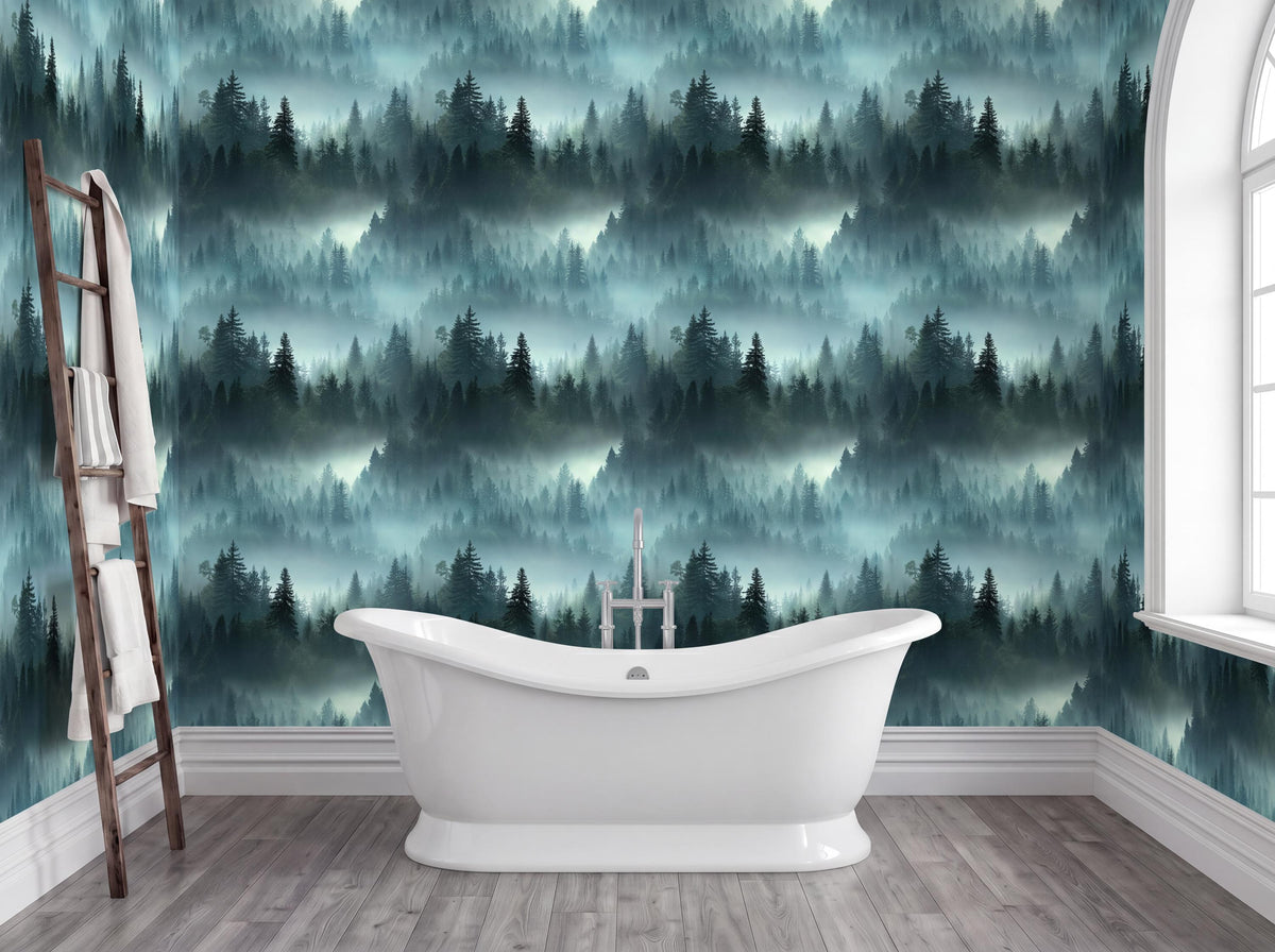 a bathroom with a white freestanding bathtub in the center, surrounded by a forest-themed wallpaper. The wallpaper has a dense forest pattern with various shades of green and brown, creating a serene and natural atmosphere. The room also includes a wooden ladder and a window, adding to the overall aesthetic of the space.