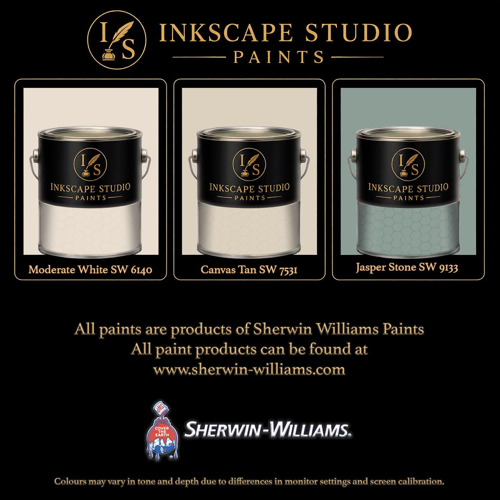 The image is an advertisement for Sherwin Williams paints, featuring three different paint color samples from the Inkscape Studio.