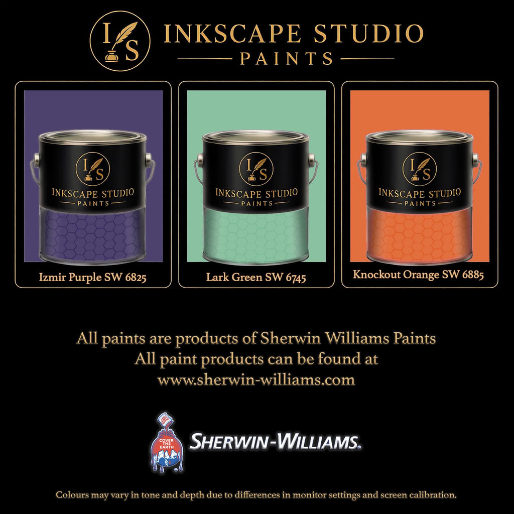 The image is an advertisement for Sherwin Williams paints, featuring three different paint colors: purple, green, and orange.