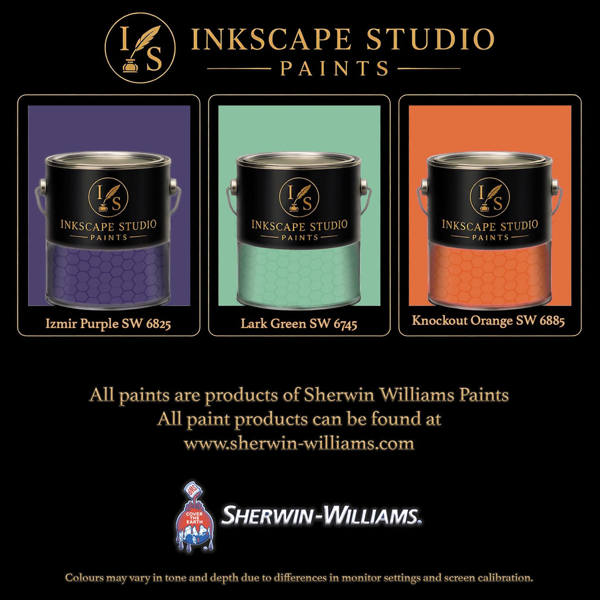 The image is an advertisement for Sherwin Williams paints, featuring three different paint colors: purple, green, and orange.