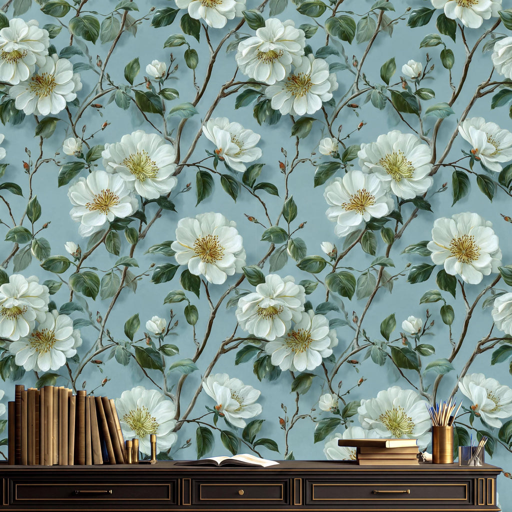 a wallpapered wall with a floral pattern of white flowers and green leaves. On a wooden shelf below the wall, there are several books and a vase with flowers.
