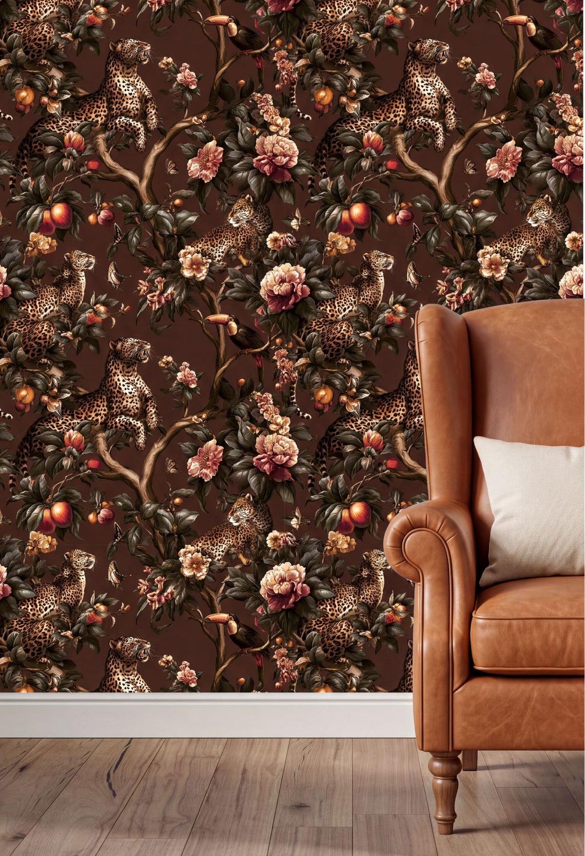 a wallpapered wall with a floral pattern of leopards, flowers, and leaves, creating a vibrant and lively atmosphere. In the foreground, there is a brown leather armchair with a white pillow, providing a cozy and inviting seating area.