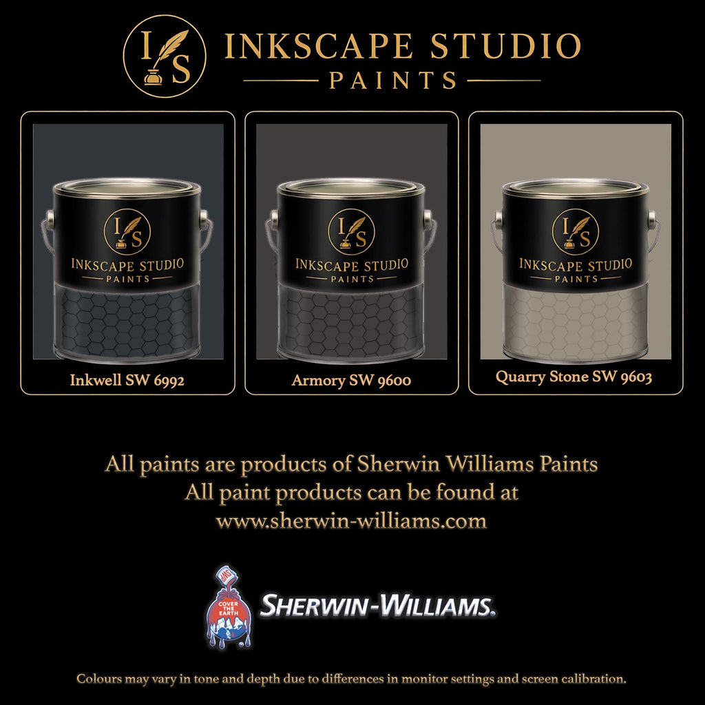 The image is an advertisement for Sherwin Williams paints, featuring three different paint colors from the Inkscape Studio Paints collection.