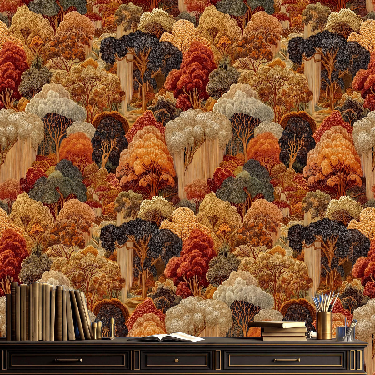 a large, colorful mural depicting a lush, forest-like scene with various shades of orange, green, and brown. The mural is displayed on a wall, and there is a wooden desk with a bookshelf and a cup of pens in the foreground.