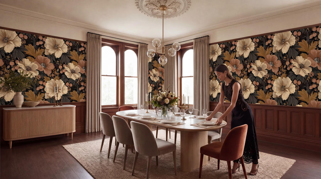 A woman in a black dress is setting the table in a dining room with a floral wallpaper, a chandelier, and a large window.
